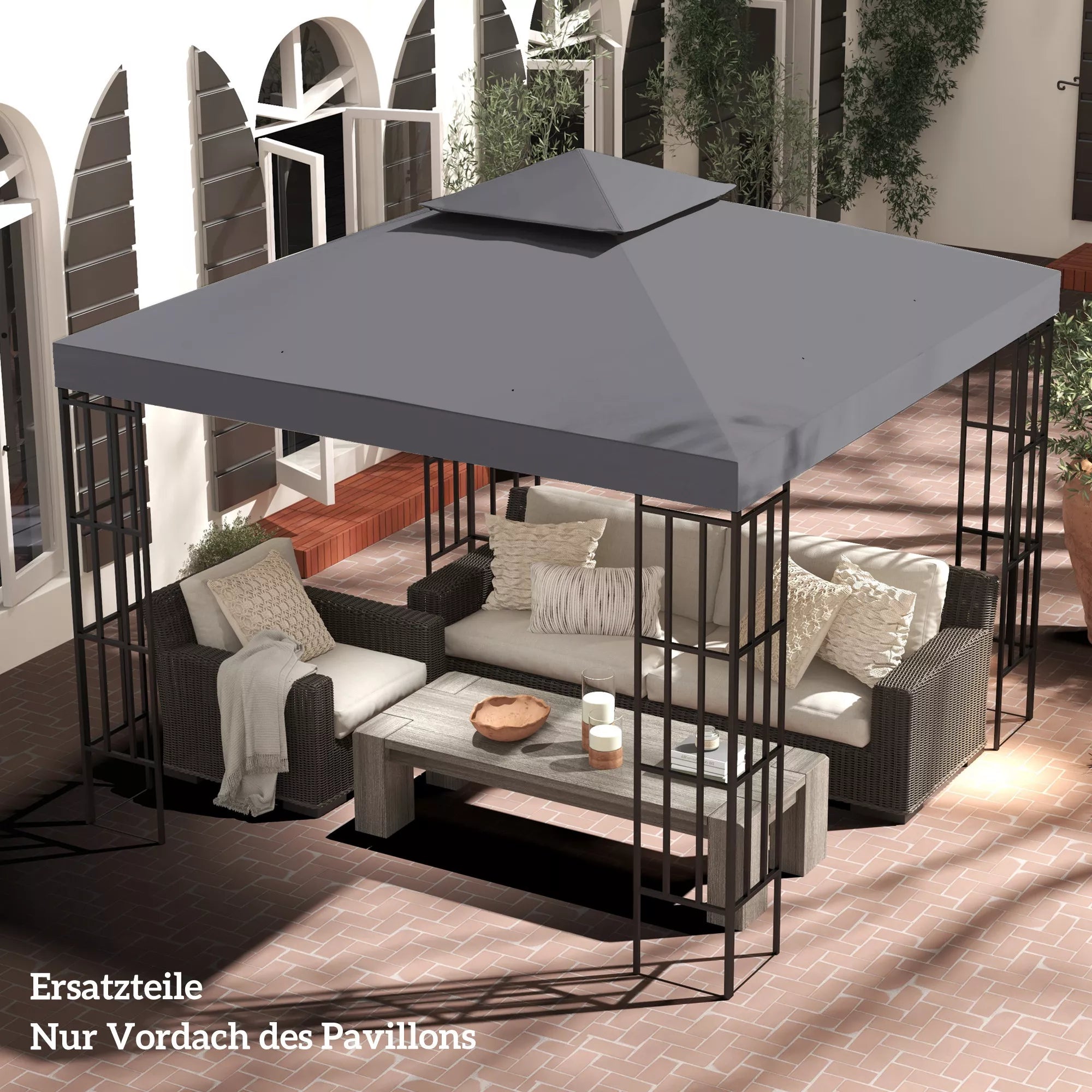 Atsarginis stogas paviljonui 3 x 3 m, vandeniui atsparus paviljono stogas su dvigubu stogu, drenažo angomis, atsarginis apvalkalas Atsarginės dalys sodo paviljonui Sodo palapinė Tamsiai pilka