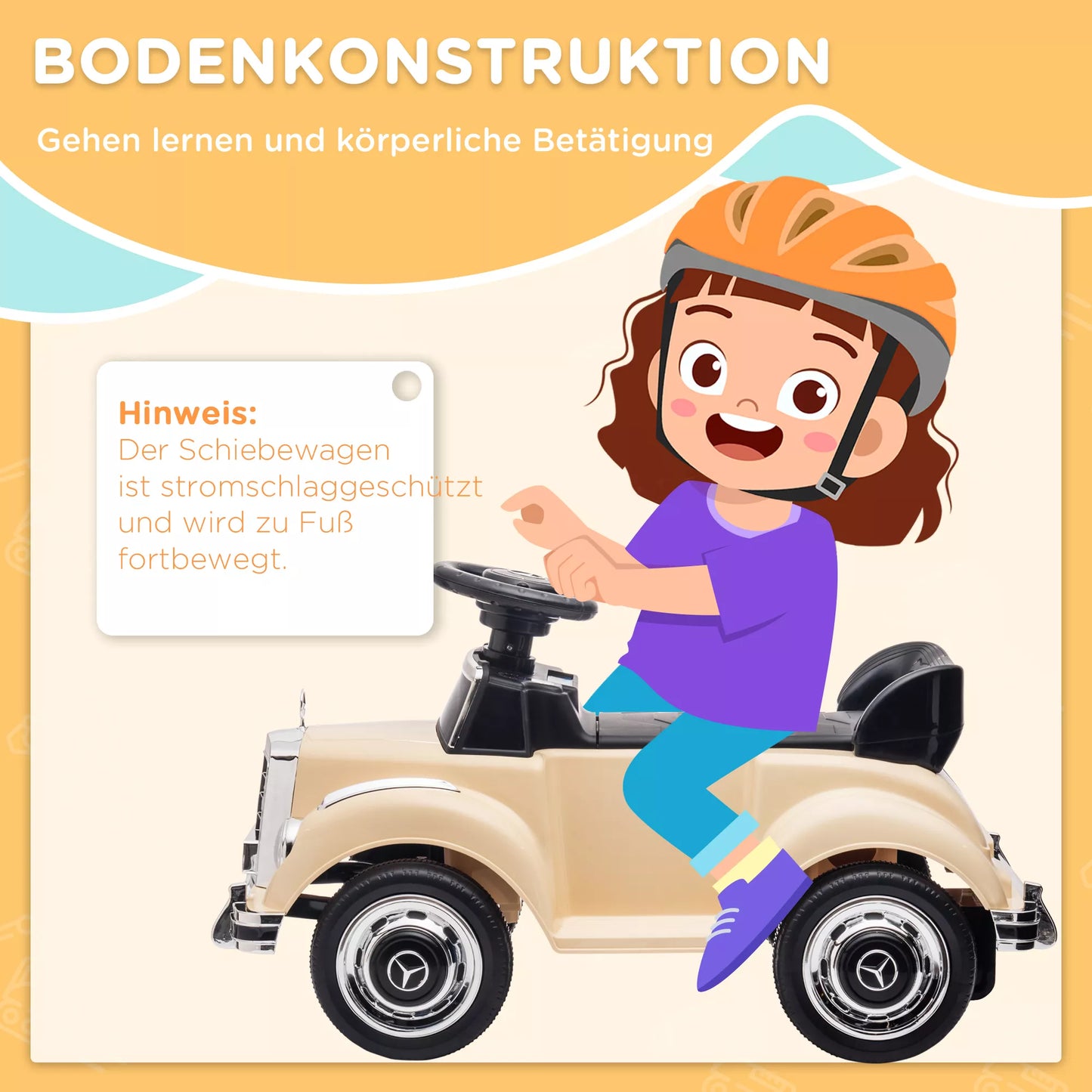 Vaikiškas automobilis stumdukas, „Mercedes Benz 300 S“ dizaino, smėlio spalvos