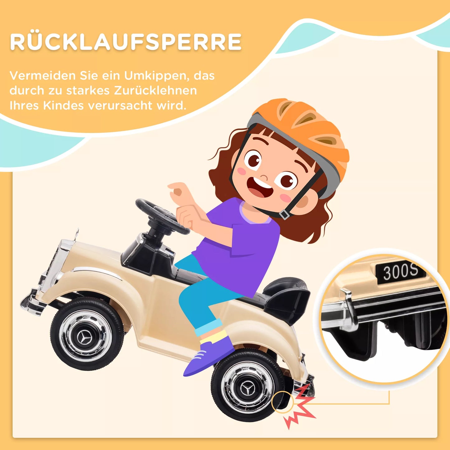 Vaikiškas automobilis stumdukas, „Mercedes Benz 300 S“ dizaino, smėlio spalvos