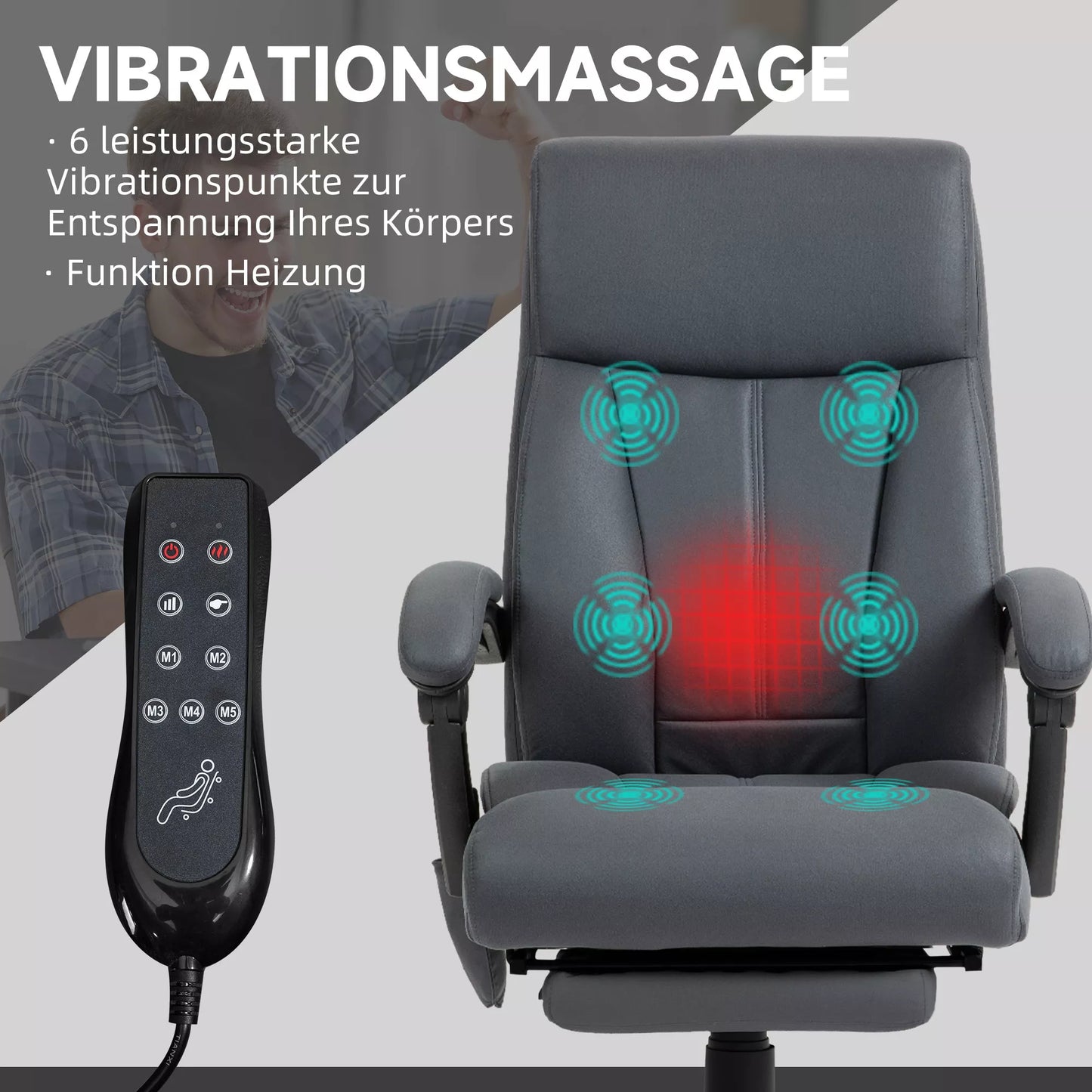 Biuro kėdė su masažo ir šildymo funkcija, kojų atrama, iki 120 kg, tamsiai pilka