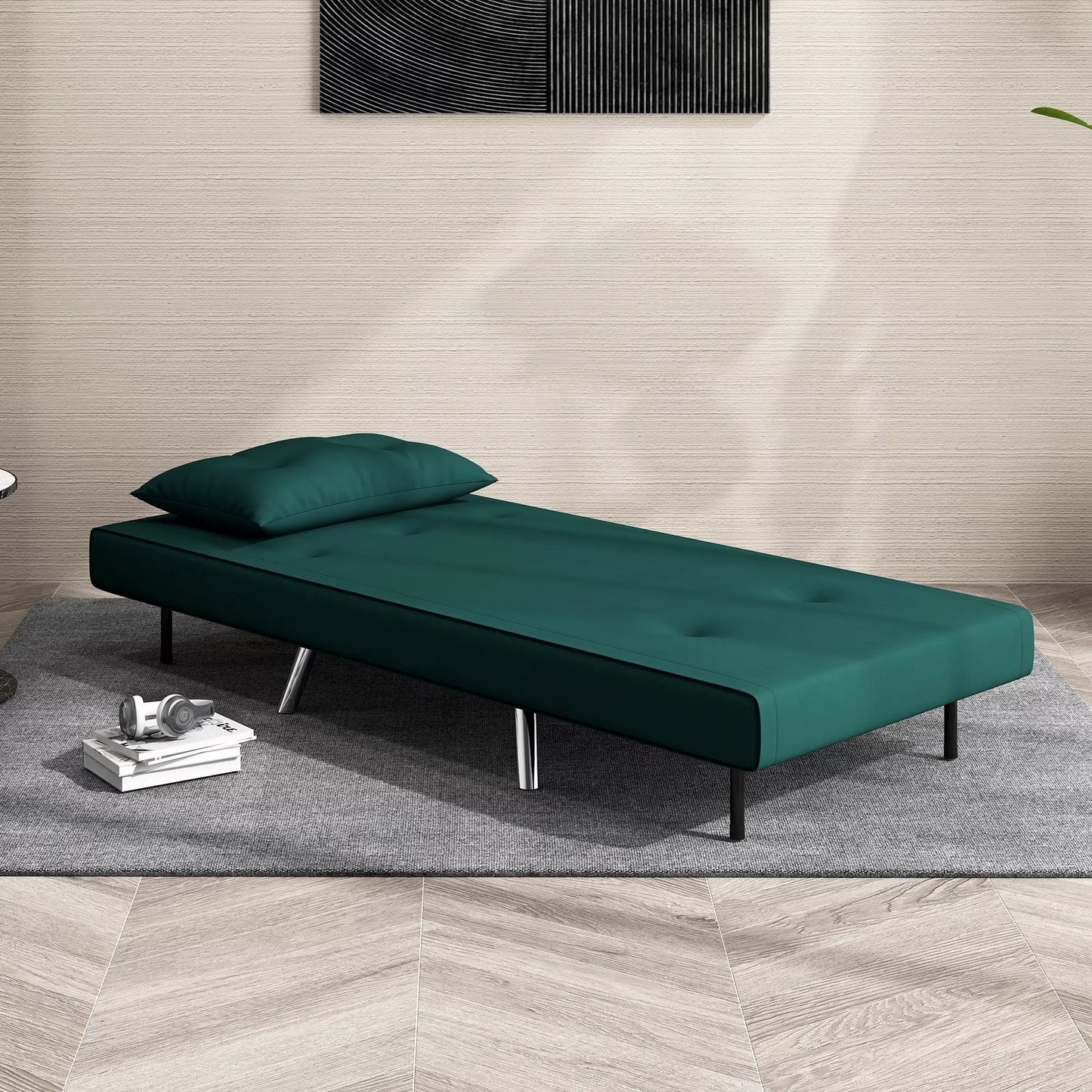 Fotelis su miegojimo funkcija, dygsniuotas sagutėmis, su lininiu paviršiumi, 77 cm x 88 cm x 83 cm, žalias