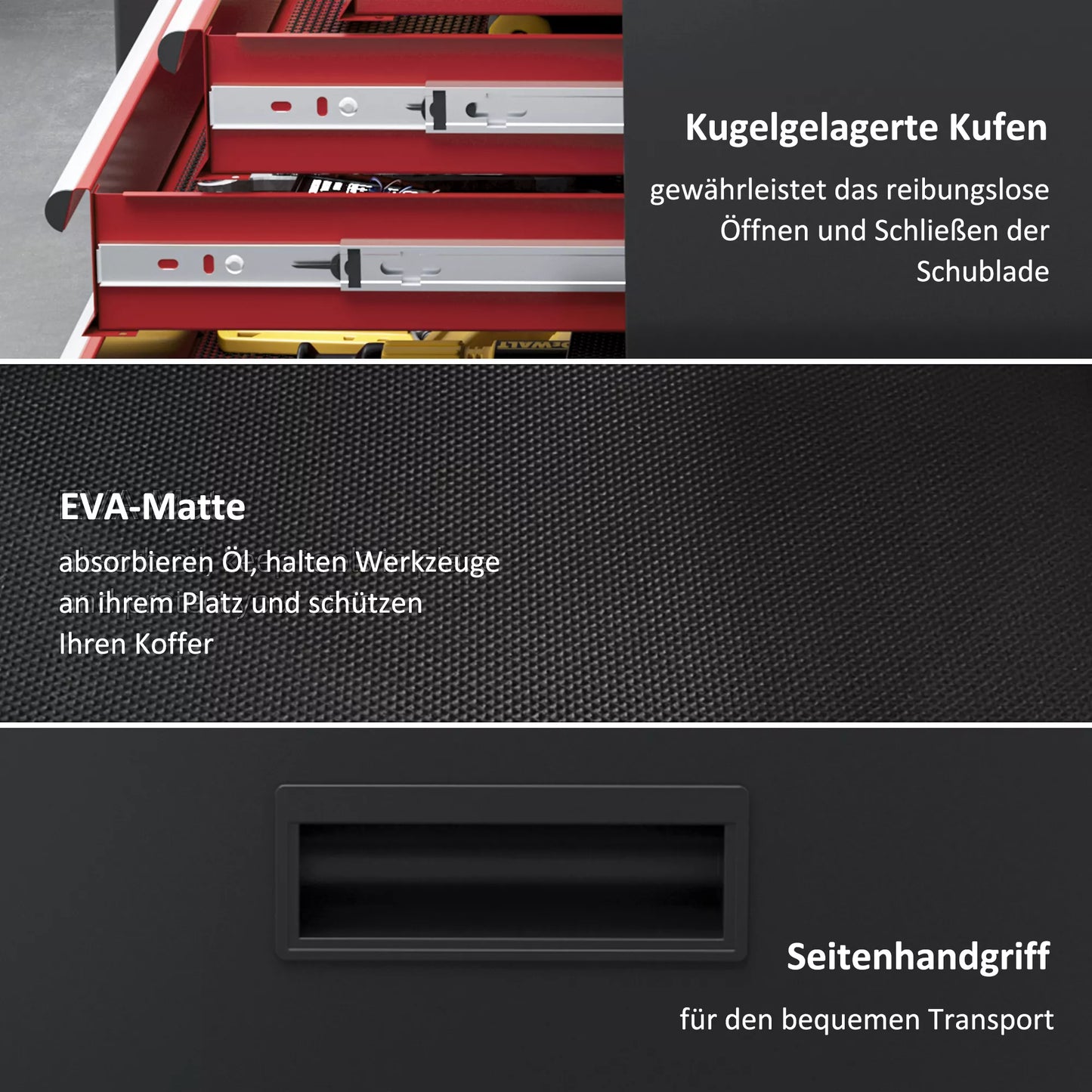 Vežama įrankių spinta, tvirtas baldas su viršutine įrankių dėže ir stalčiais, užrakinamas, metalinis, juoda+raudona