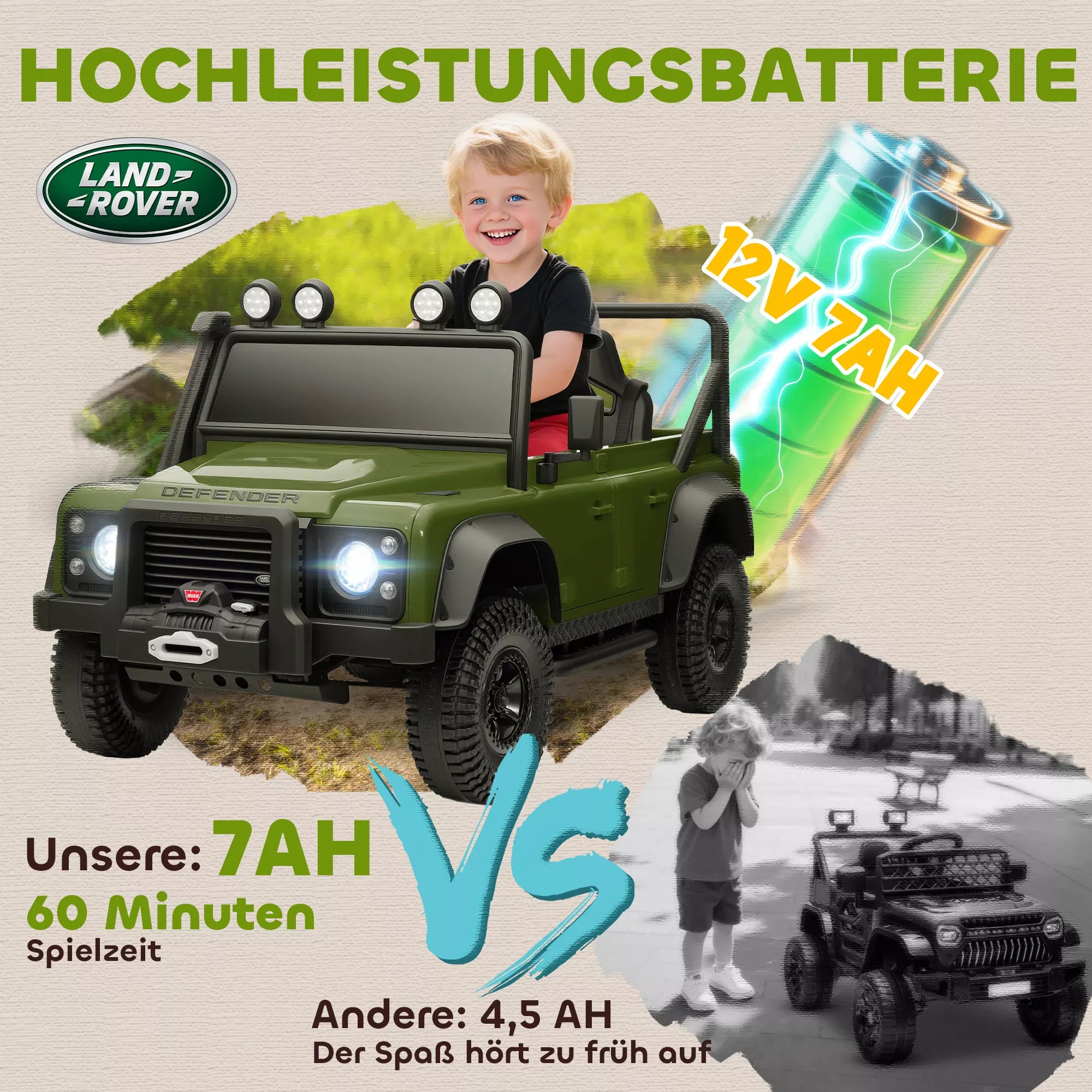 Vaikiškas elektromobilis Land Rover Defender, 37–60 mėn. vaikams, žalias