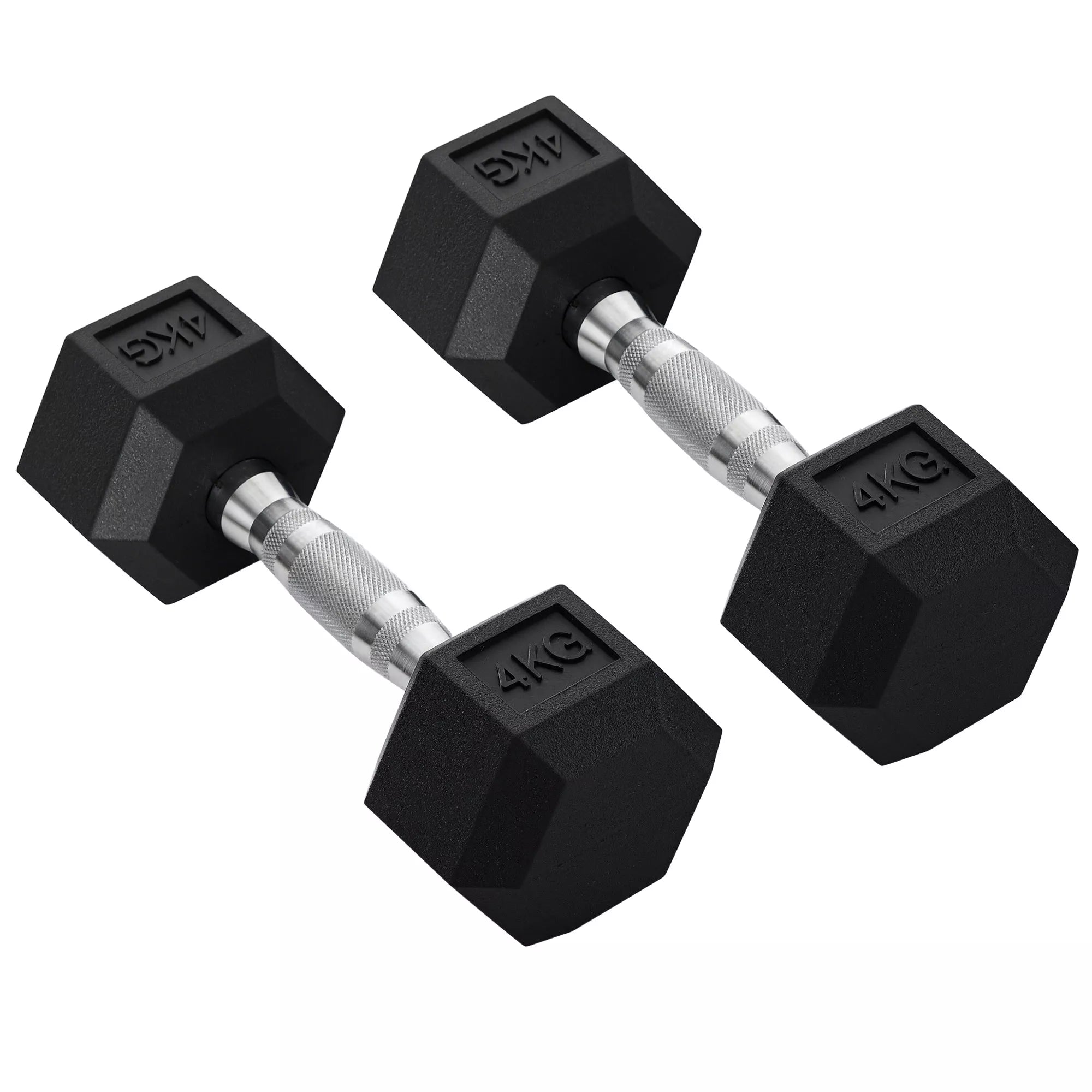 Du juodi šešiakampiai 4 kg hanteliai