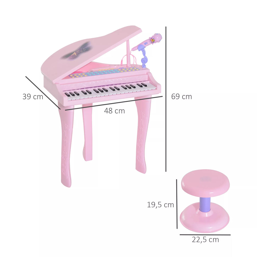 Vaikiškas pianinas su 37 klavišais, kėdute ir mikrofonu, 3-6 metų vaikams, rožinis