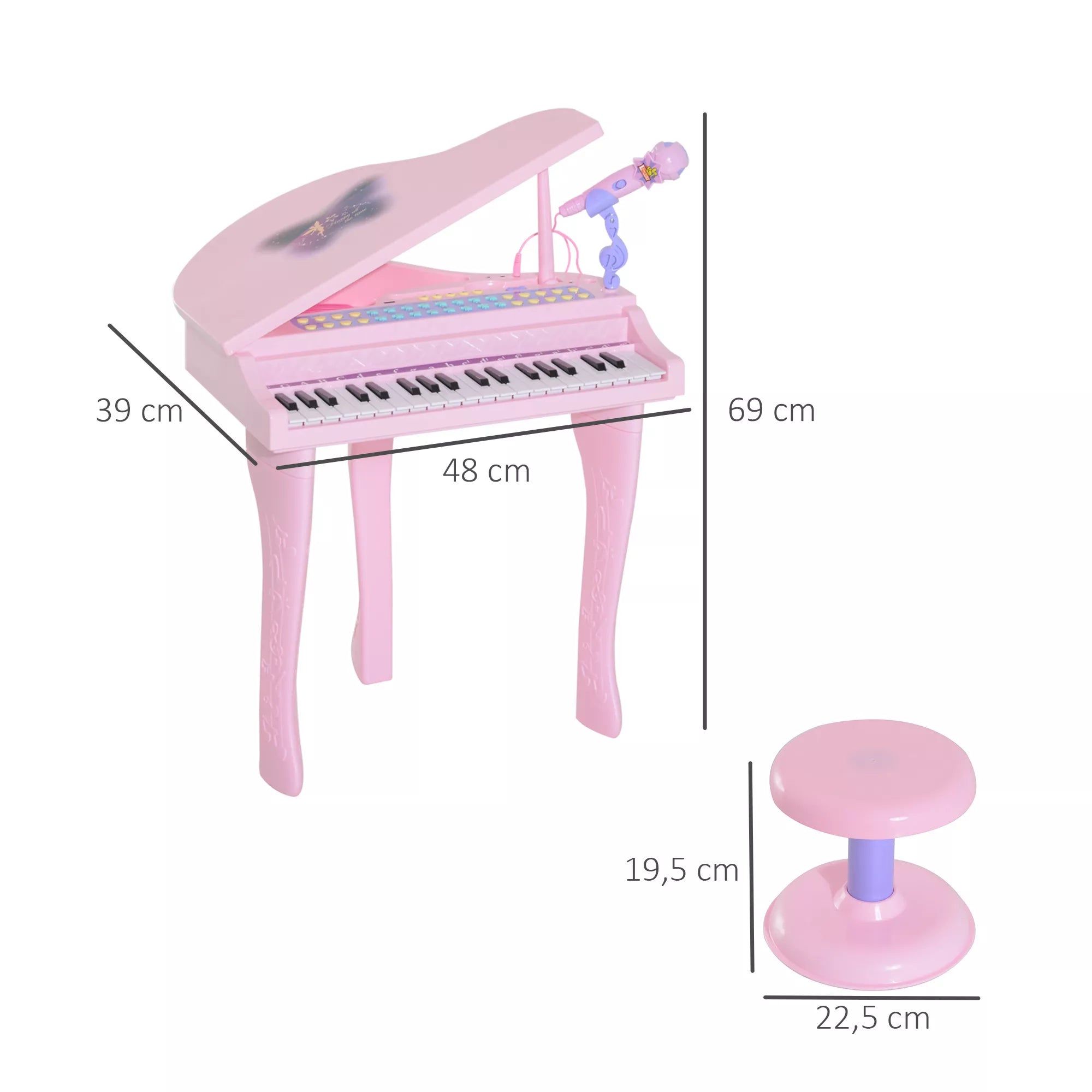 Vaikiškas pianinas su 37 klavišais, kėdute ir mikrofonu, 3-6 metų vaikams, rožinis