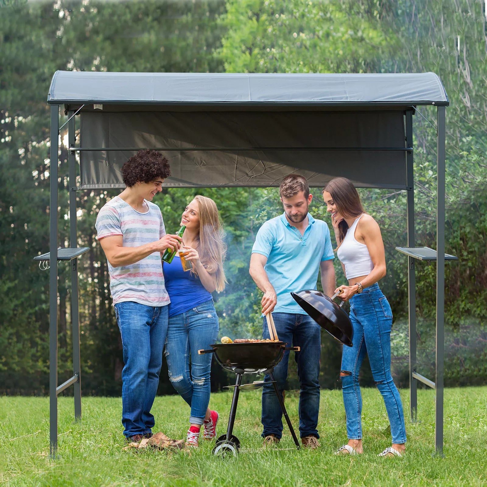 Grill paviljonas su ugniai atspariu stogu, BBQ paviljonas su 2 lentynomis, poliesteris, juodas, 218 x 138 x 216 cm