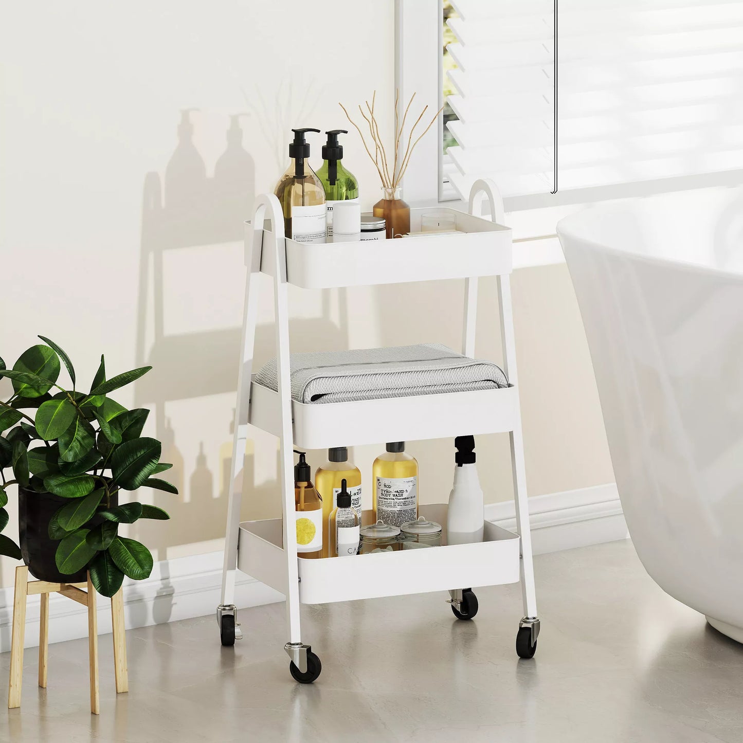 Tarnavimo vežimėlis su 3 lentynomis, virtuvės vežimėlis su ratukais ir rankena, riedantis vežimėlis su stabdžiu virtuvei, biurui, vonios kambariui, baltas