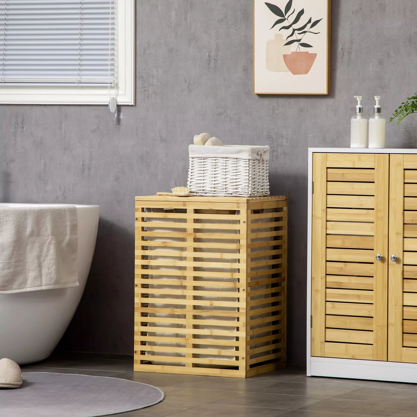 Bambuko skalbinių krepšys su 63 L skalbinių surinktuvu su dangčiu, skalbinių maišas, strypas 44 x 37 x 62,5 cm natūralaus medžio