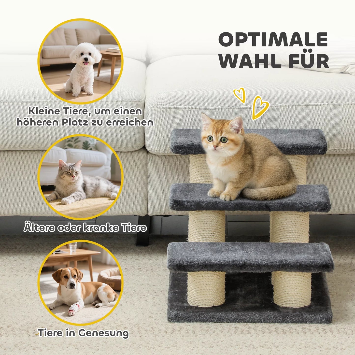 Šunų laiptai, 3 pakopos, 34 cm aukščio, naminių gyvūnų laiptai šunims, katėms, katėms su nagų galandimo stulpu, šunų rampa, pagalba lipant ant lovos, sofos, kanapės, tamsiai pilkos spalvos.