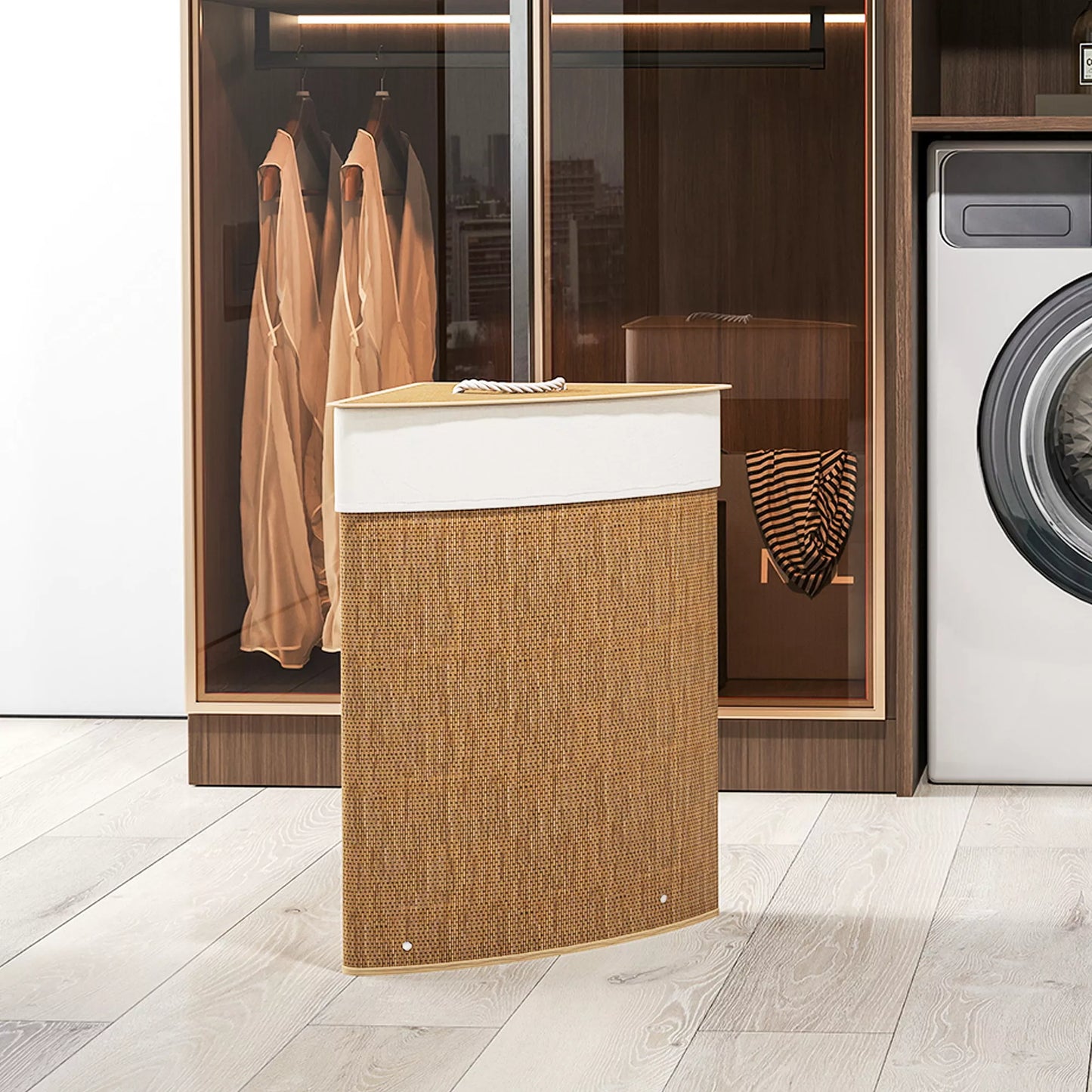 Skalbinių krepšys kampo dizaino, pintas bambukas, 55 litrų, su medžiaginiu maišeliu, metaliniu rėmu, rudas