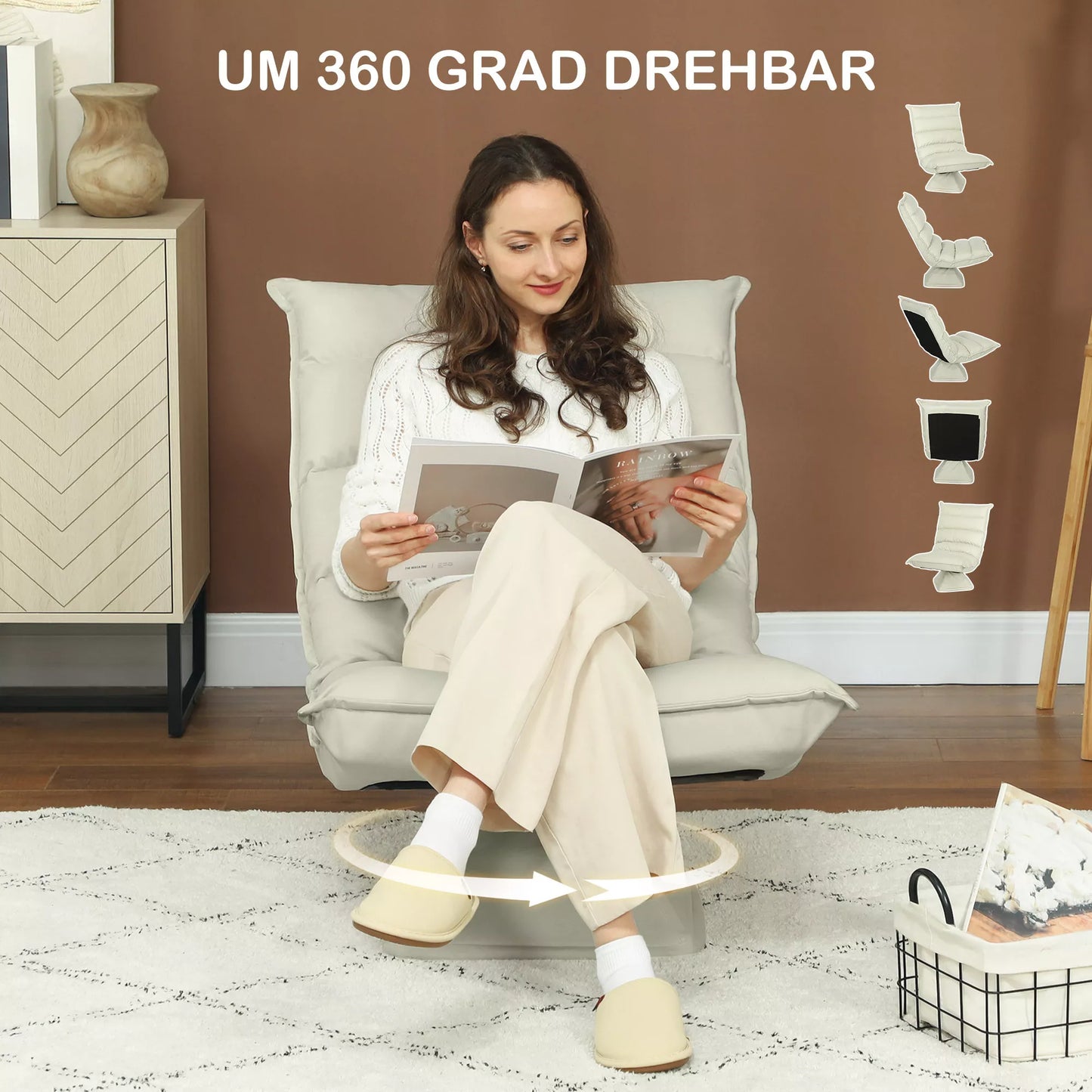 Poilsio krėslas, sėdmaišis, reguliuojama atlošas, odos išvaizda, 62x70x95cm, smėlio spalvos