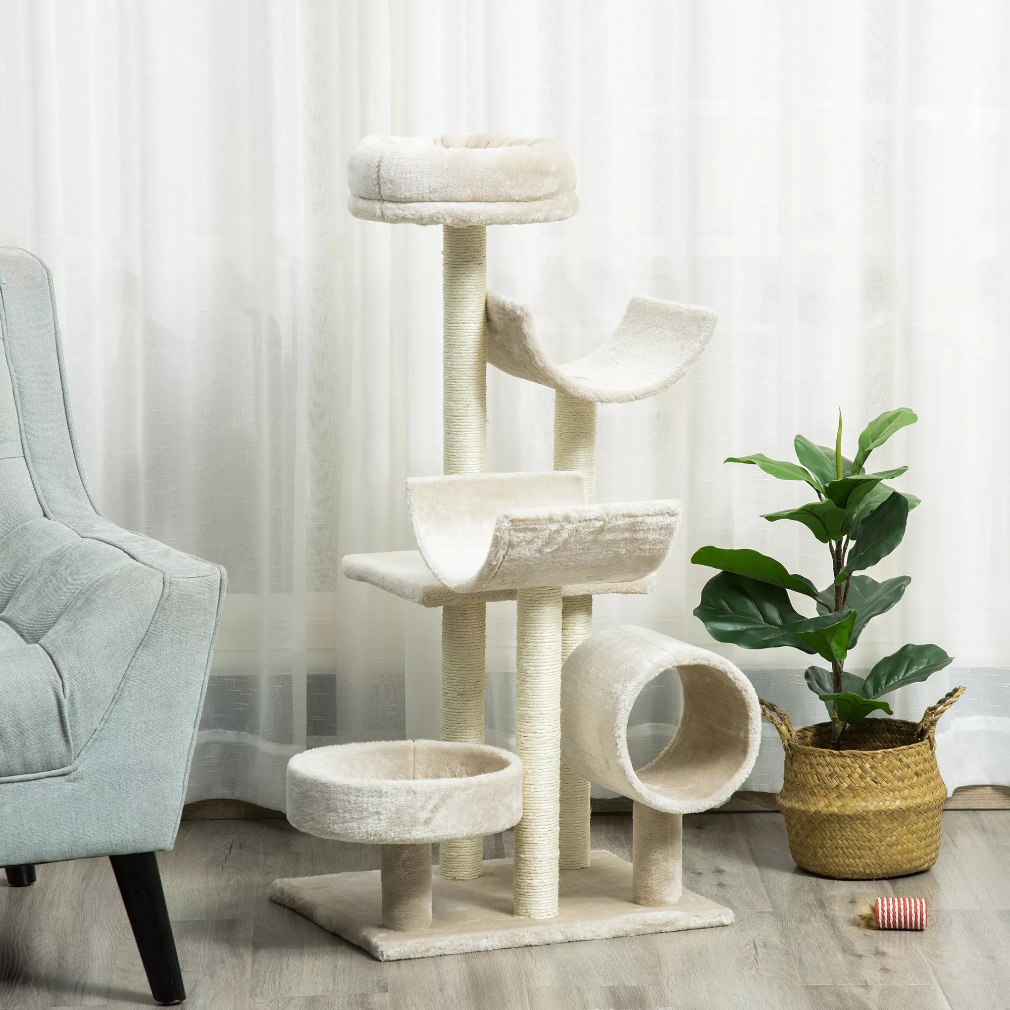 Katės draskyklė su tuneliu ir platformomis, 105 cm, smėlio spalvos