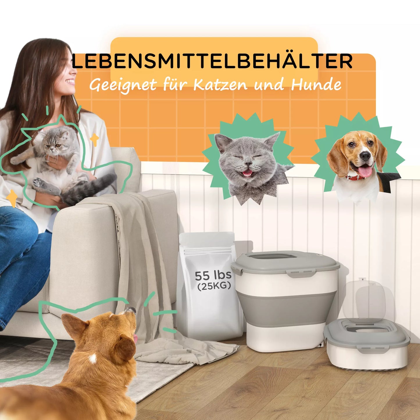 Sulankstomas sauso maisto laikiklis, iki 25 kg, su priedais, 44x32x37cm, Pilkas