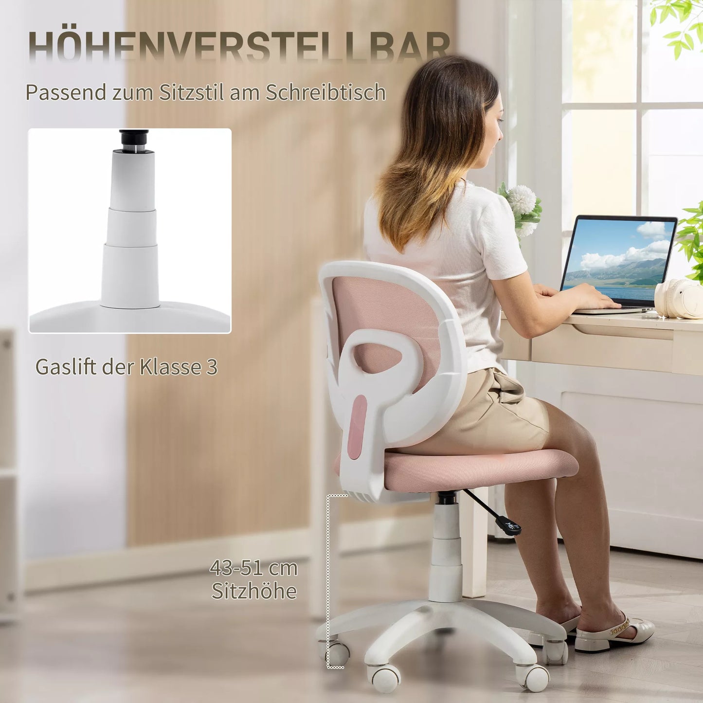 Ergonomiška biuro kėdė su C formos nugaros atrama, reguliuojamo aukščio, rožinė