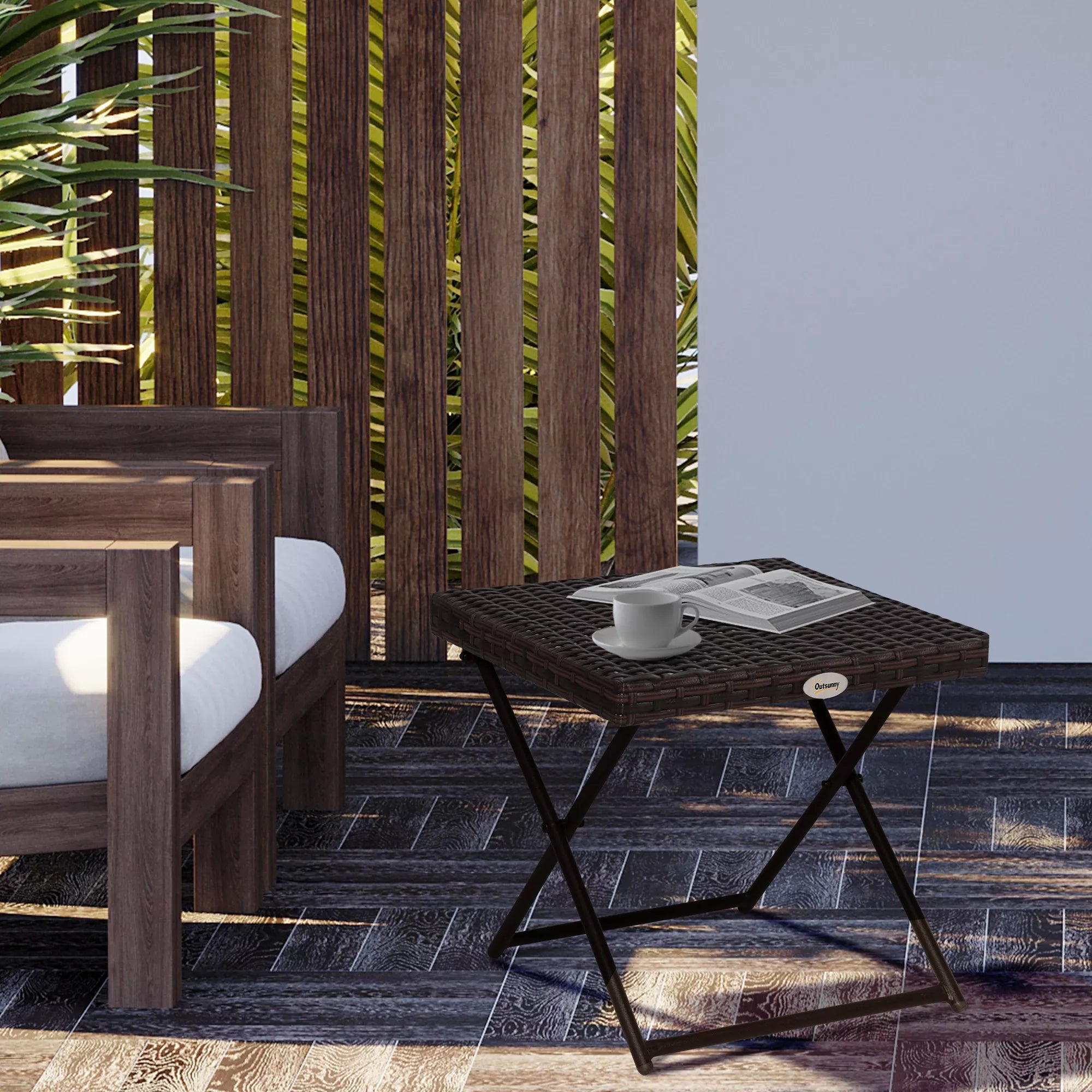 Polyrattan sulankstomas pagalbinis staliukas Kavos staliukas Žurnalinis staliukas Padėklas Balkono staliukas Sodo staliukas Sofos staliukas Arbatos staliukas Sodo baldai Rotango staliukas sodui, terasai, balkonui, 40x40x40 cm, rudas