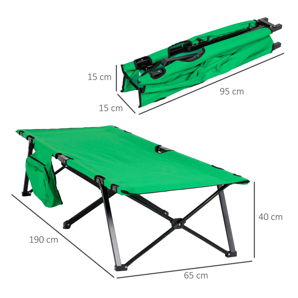 Schema su kempingo lovos matmenimis: 190 × 65 cm, aukštis 40 cm, sulankstyta 95 cm