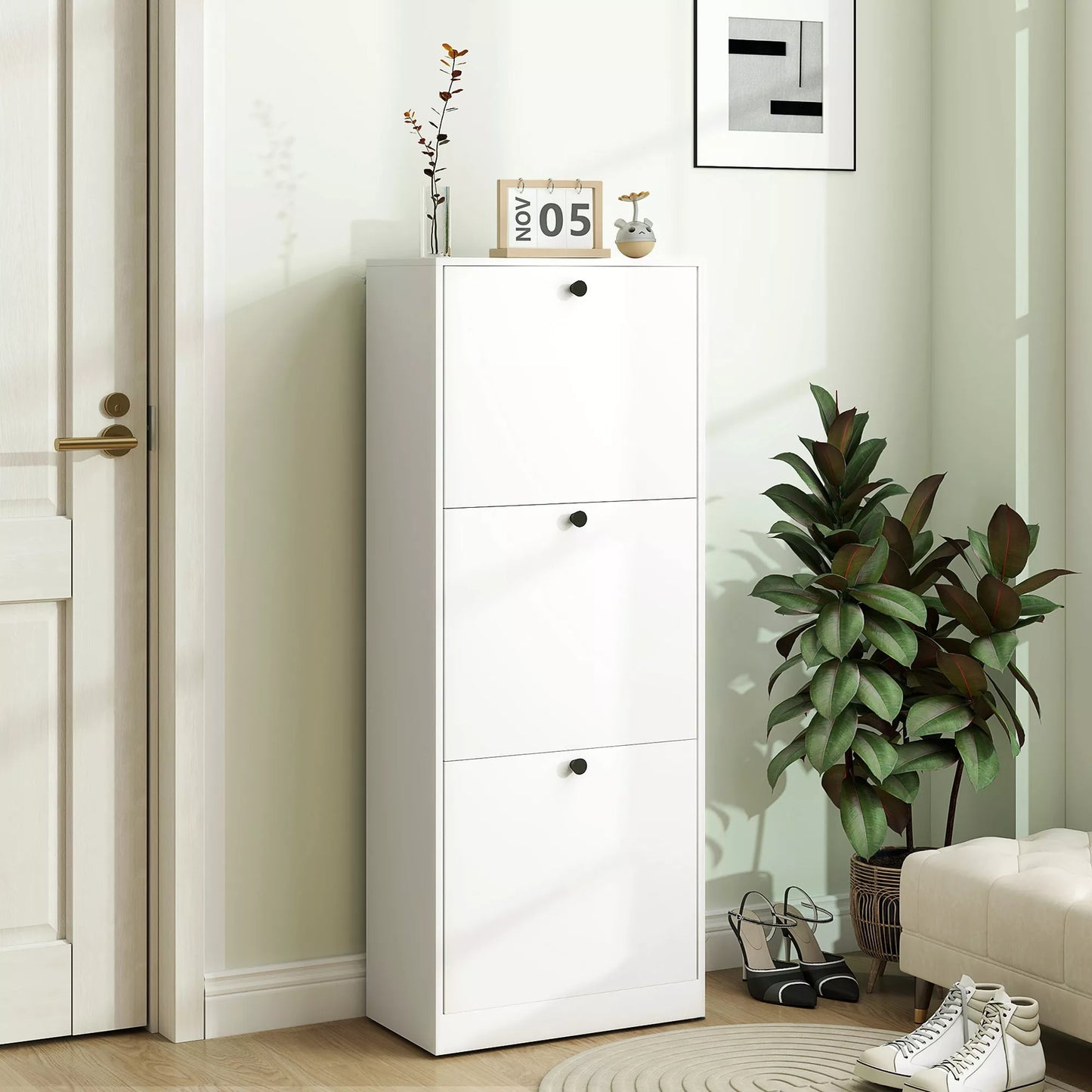 Batų spintelė, 3 stalčiai, talpa iki 12 porų batų, medžio drožlių plokštė, balta