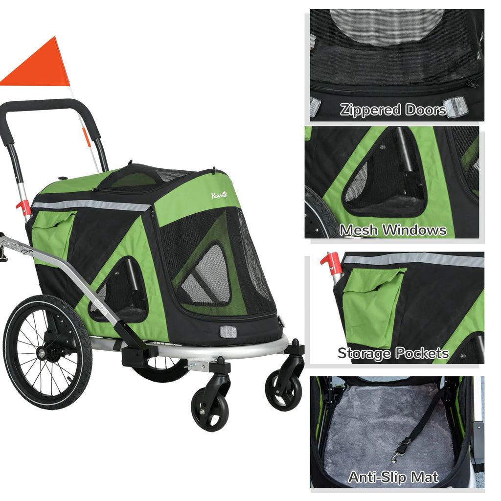 2-in-1 šunų vežimėlis Šunų bėgimo vežimėlis Dviračių priekaba iki 20 kg 2 atšvaitai 1 saugos virvė 150 x 68 x 95 cm Žalia