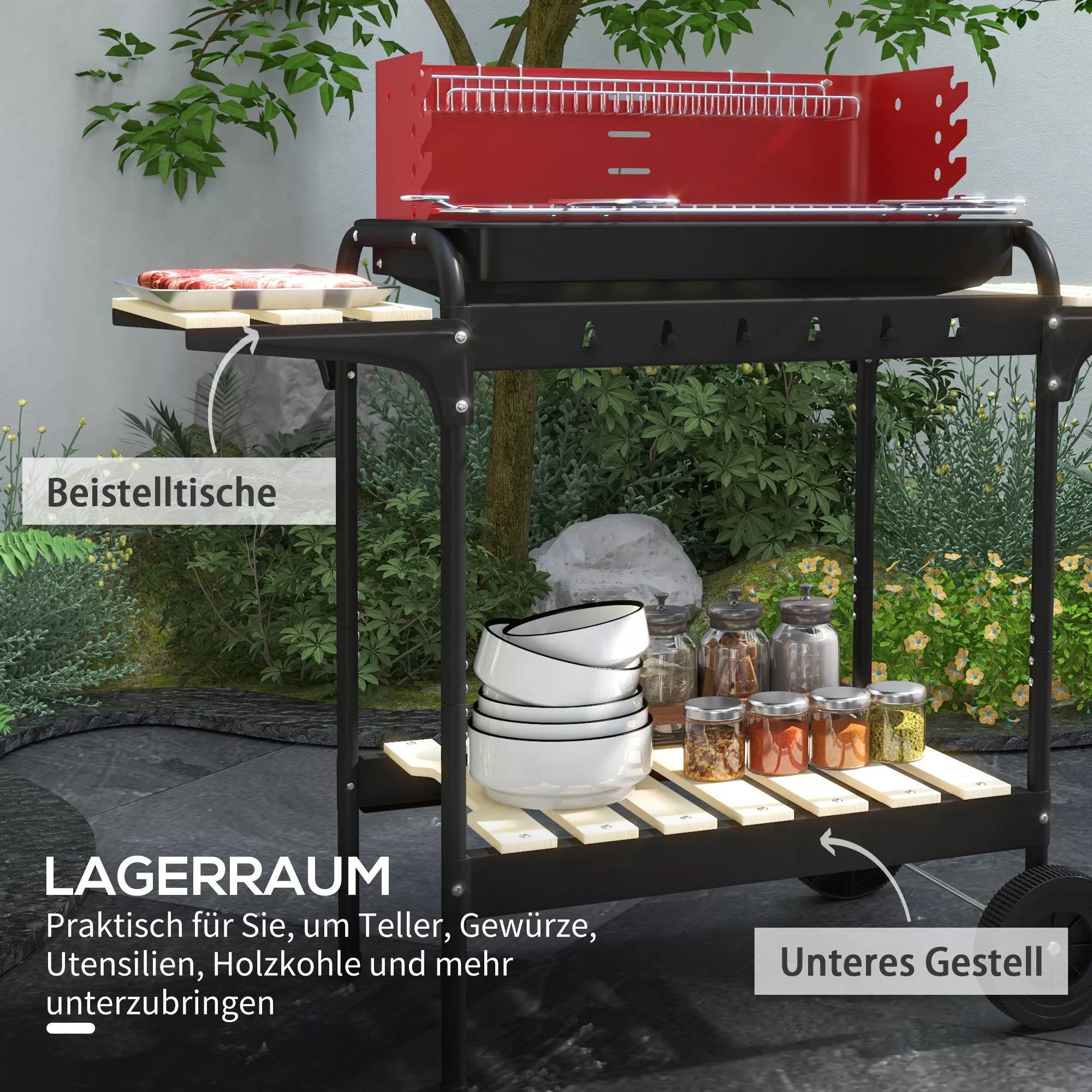 Metalinis anglies grilis BBQ Smoker su ratukais, aukščio reguliuojamas grotelių aukštis, medienos dėklas 103x47x95 cm Raudonas