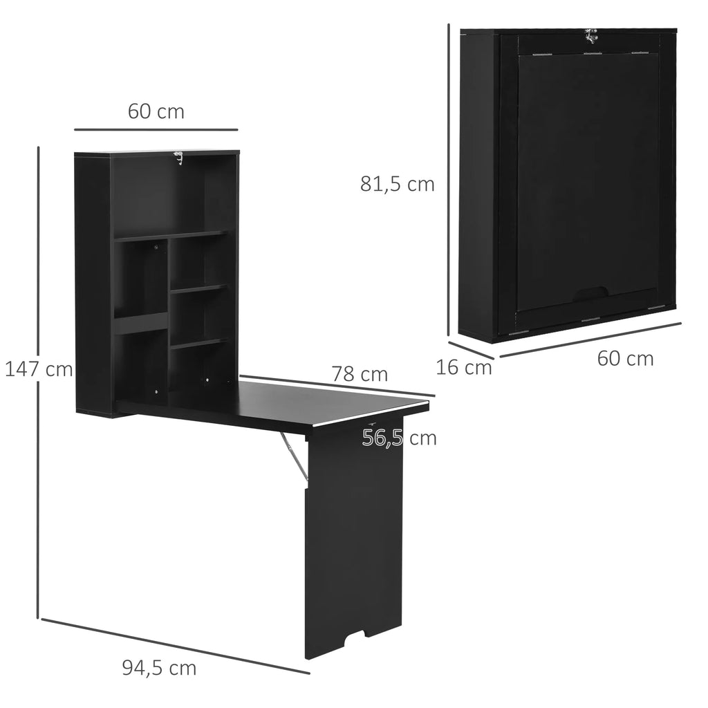 Sieninis atverčiamas stalas, su rašymo lentele, 60 cm x 94,5 cm x 147 cm, juodos spalvos