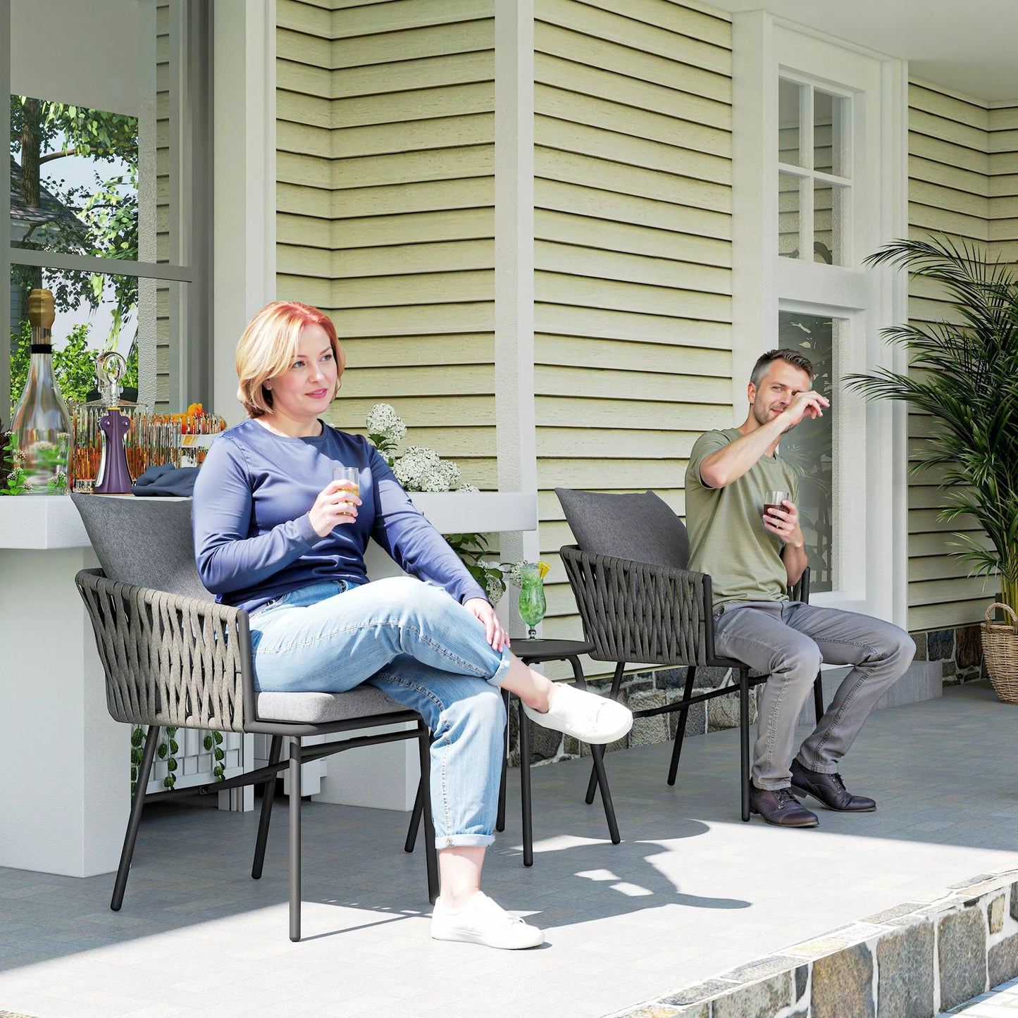 3 dalių lauko baldų komplektas, 2 kėdės, 1 stalas, bistro komplektas, sintetinio rotango, plieninis rėmas, metalinis stalas, 4 pagalvėlės, pilkos spalvos