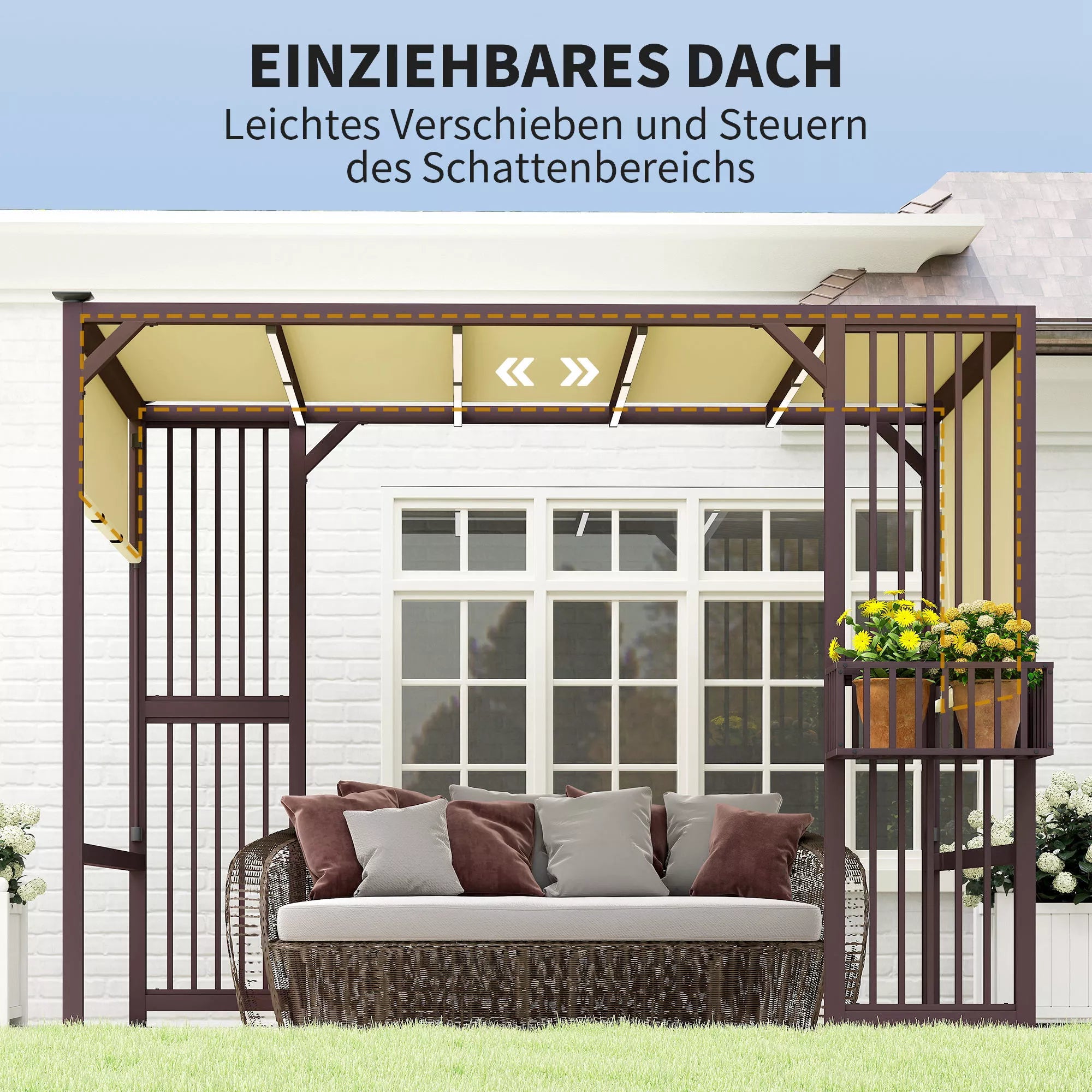 Pergola paviljonas 3x2,5 m UV 30+Stabilus, atsparus žiemos sąlygoms, su reguliuojamu stumdomu stogu, tamsiai rudos spalvos