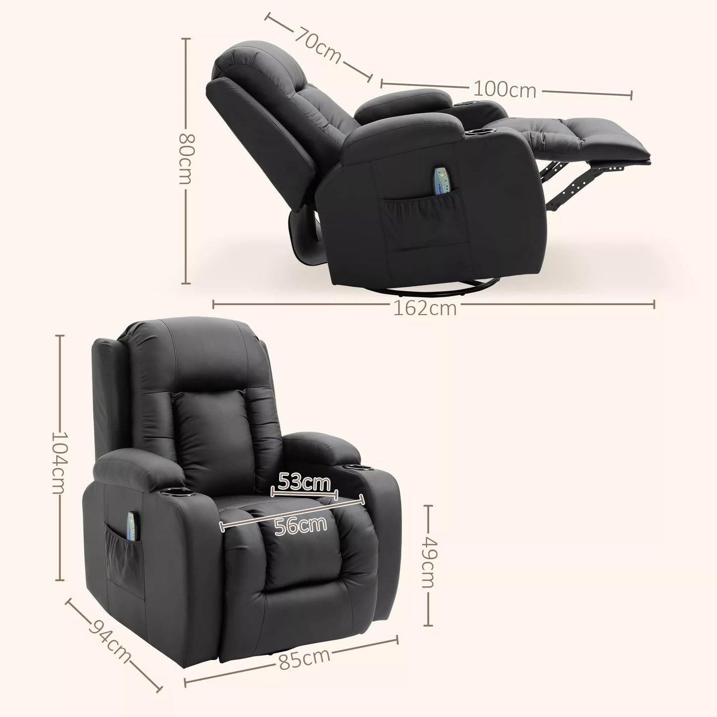 Masažinis krėslas, relaksacinis krėslas, sūpynės funkcija, 8 vibracijos taškai, su nuotolinio valdymo pulteliu, juodas