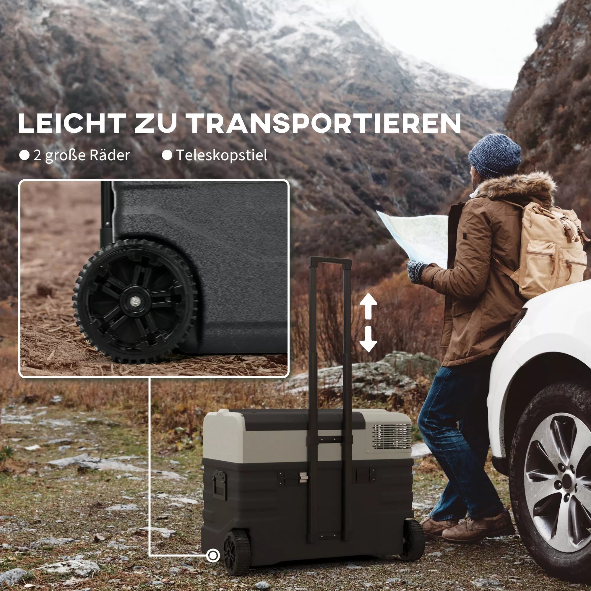 Automobilinis šaldytuvas, šaldymo dėžė, mobilus, 56 l, nuo -20 °C iki 20 °C, 69 x 43 x 54 cm, juodos/pilkos spalvos