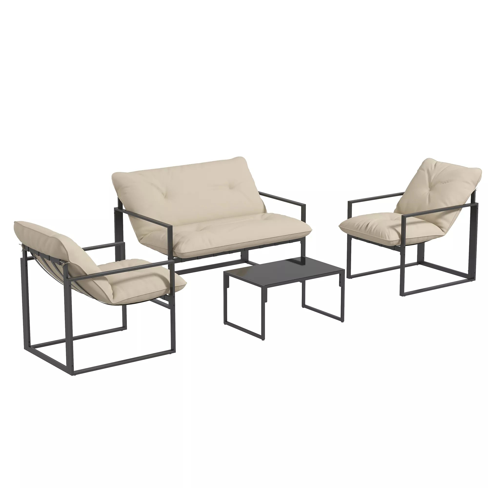 Sodo baldų komplektas: 1 stiklinis stalas, 2 foteliai, 1 sofa, atsparus oro sąlygoms, 114 cm x 70 cm x 67 cm, pilkos ir smėlio spalvos