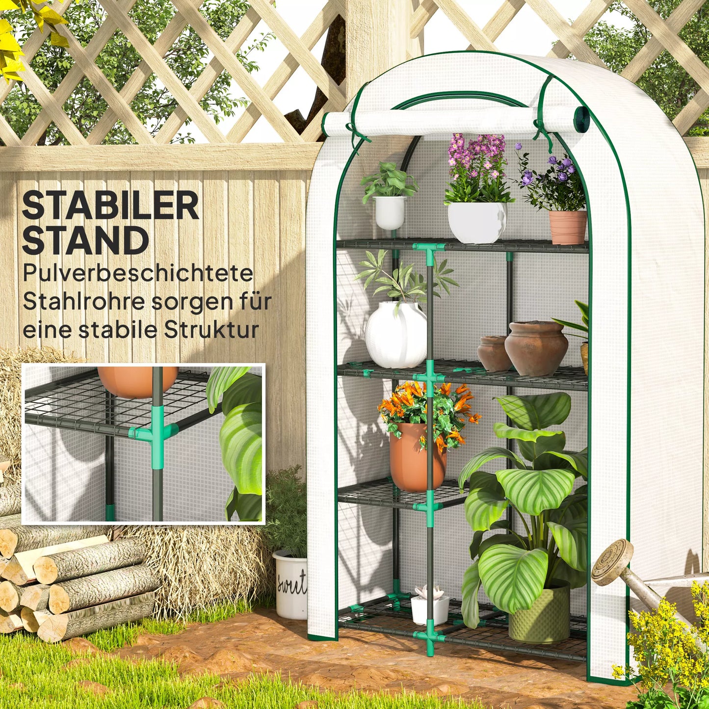 Mini šiltnamis, 4 pakopų šiltnamis su plastikine danga, nešiojamas, su atverčiamomis durimis, 100 x 45 x 160 cm, baltas