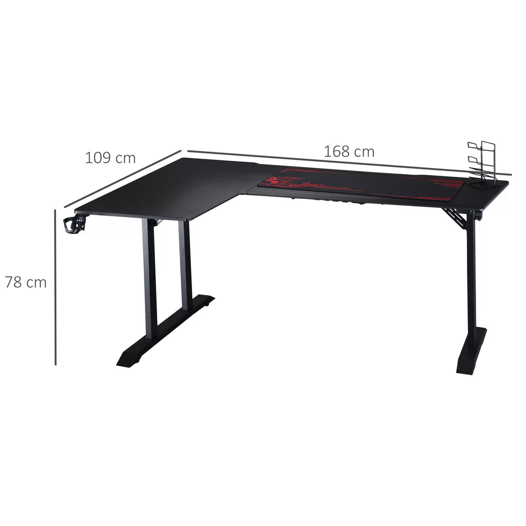 Žaidimų stalas, L formos rašomasis stalas su ausinių laikikliu, puodelio laikikliu, kompiuterio stalas, MDF metalas, juoda+raudona, 168 x 109 x 78 cm
