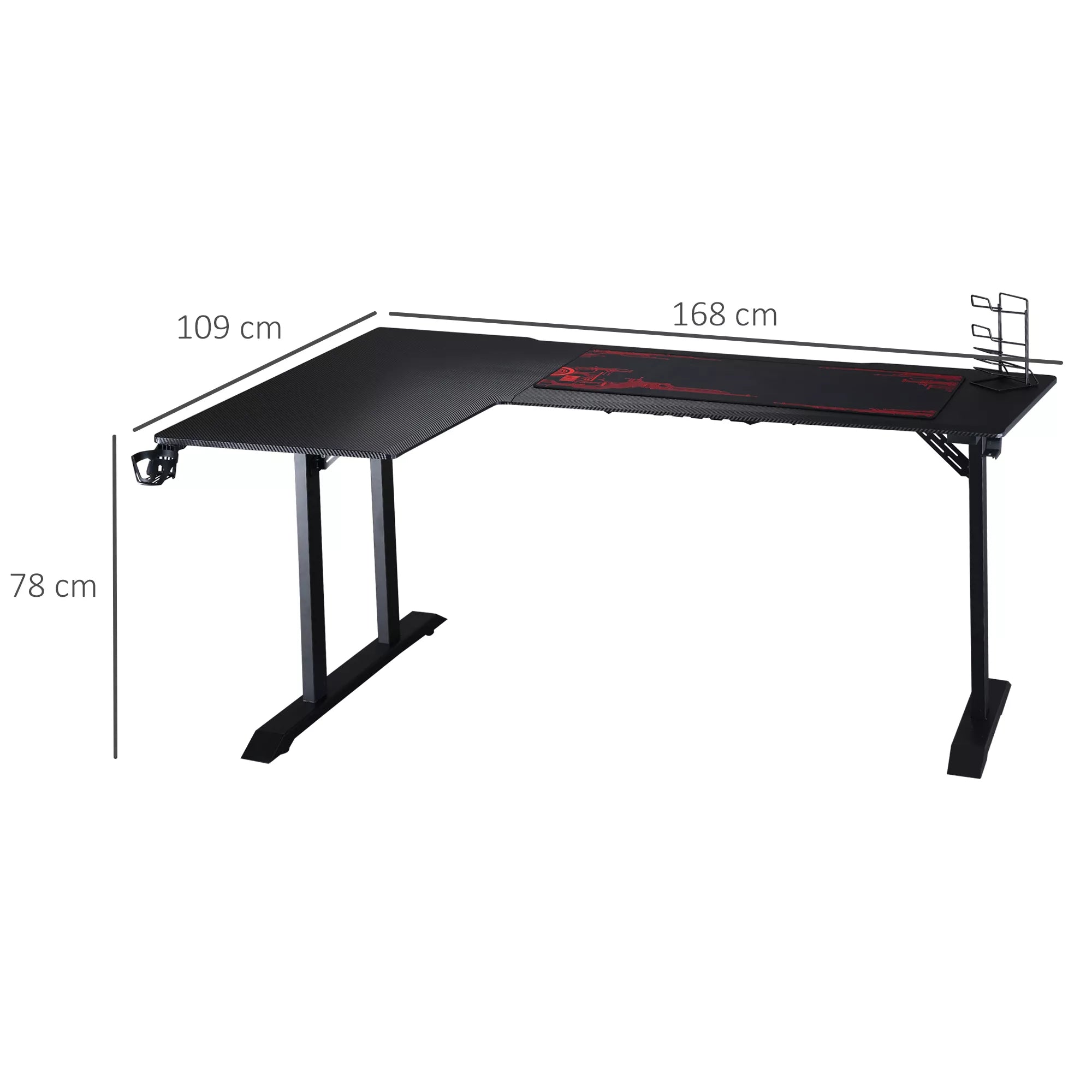 Žaidimų stalas, L formos rašomasis stalas su ausinių laikikliu, puodelio laikikliu, kompiuterio stalas, MDF metalas, juoda+raudona, 168 x 109 x 78 cm