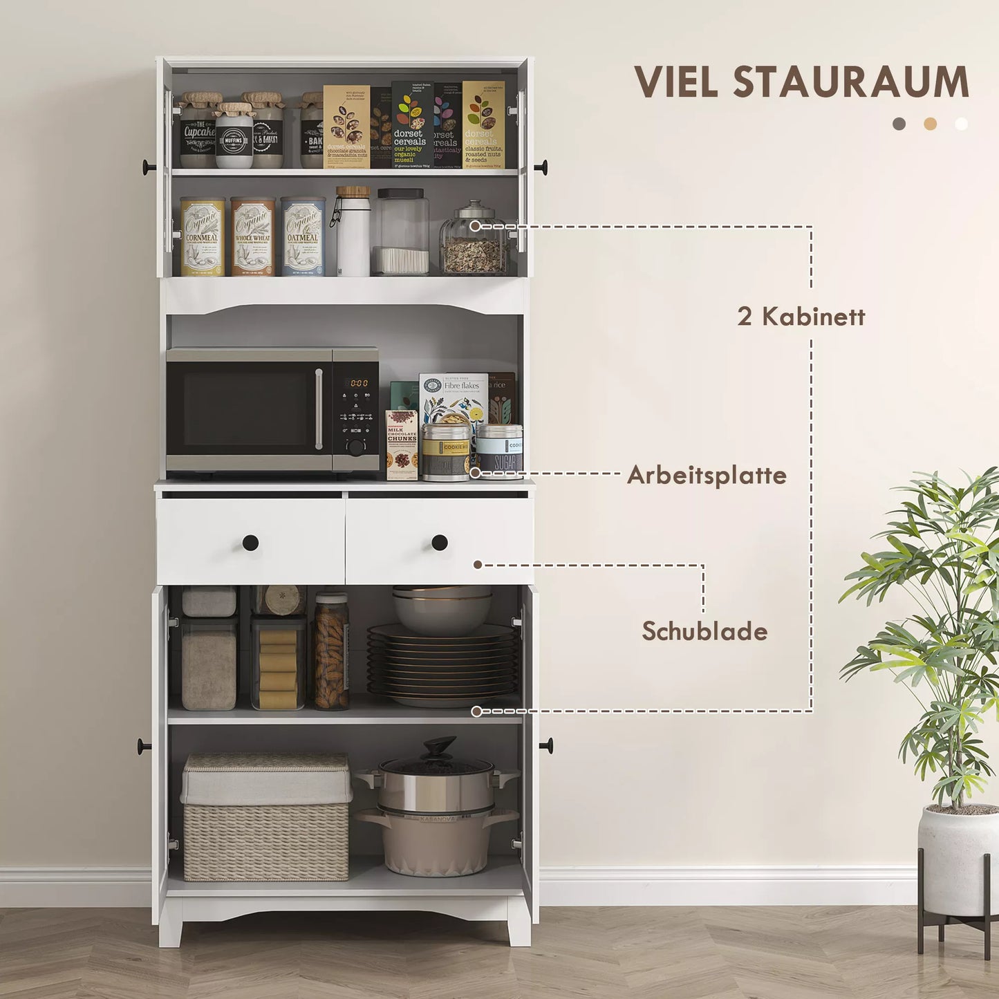 Laisvai pastatoma virtuvės spintelė su stalviršiu mikrobangų krosnelei, kavos aparatui, skyriams, stiklinėmis durelėmis, balta