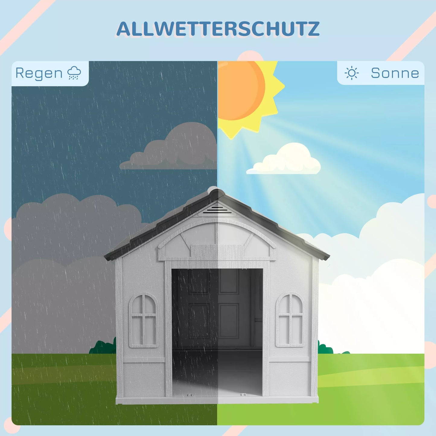 Šunidė su dvišlaičiu stogu, atspari oro sąlygoms, plastikinė, 65 x 75,7 x 63 cm, Pilka