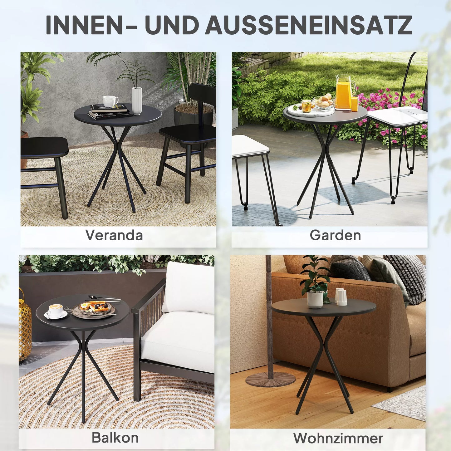 Sodo stalas Ø60 x 70 cm, atsparus oro sąlygoms balkono stalas iš plieno, apvalus valgomojo stalas su kojų apsaugomis, juodas