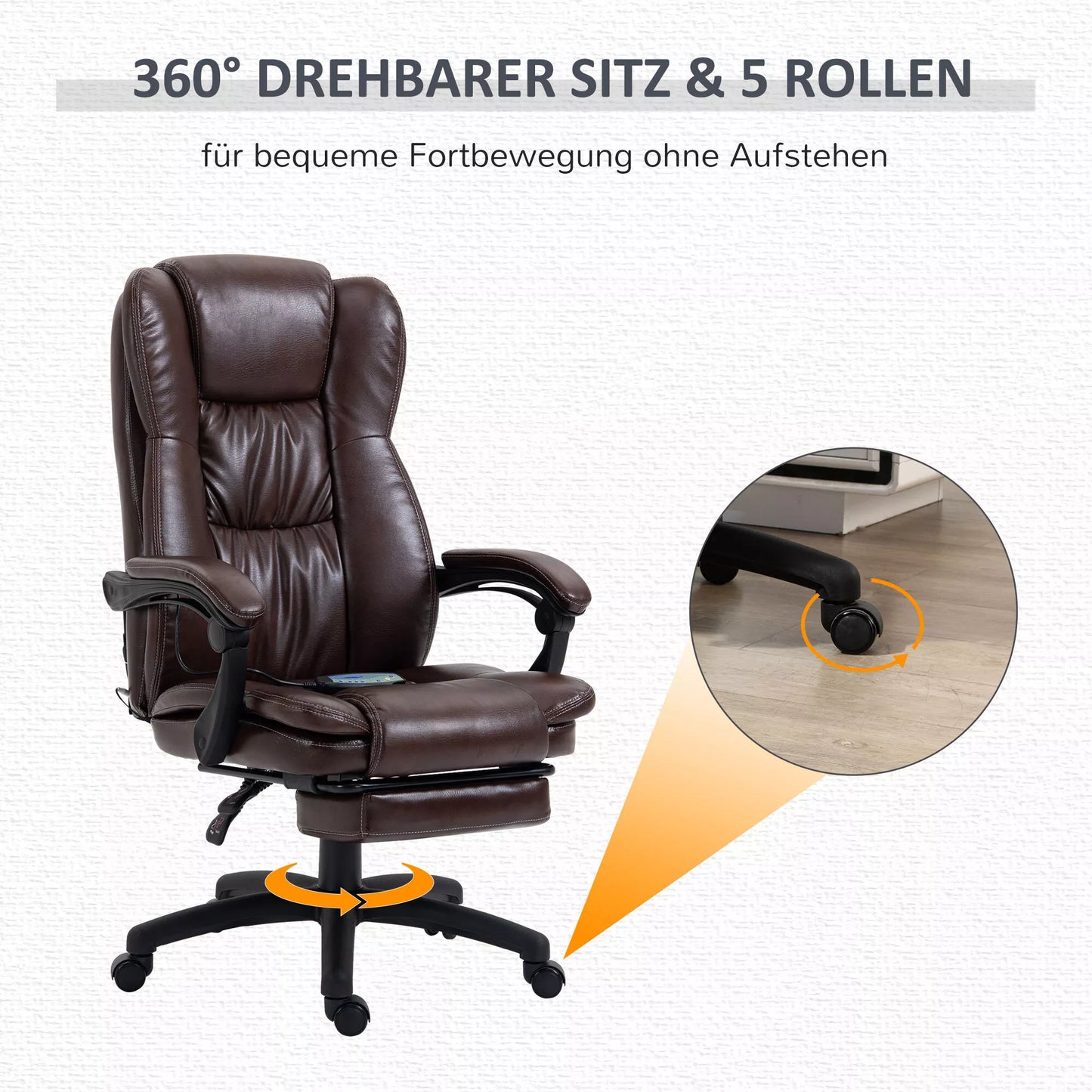 Reguliuojama pasukama kėdė su kojų atrama, galvos atrama, masažo funkcija, dirbtine oda, 68,5x68,5x113-121cm, ruda