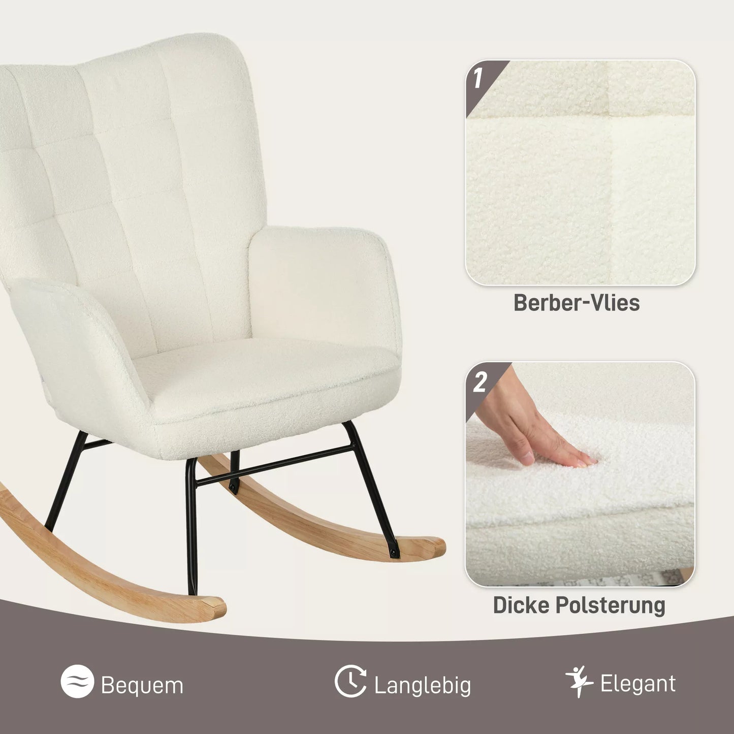 Supamas krėslas su vilnos išvaizda ir porankiais, Ergonomiškas fotelis su medinėmis kojelėmis, skirtas svetainei, miegamajam, baltas