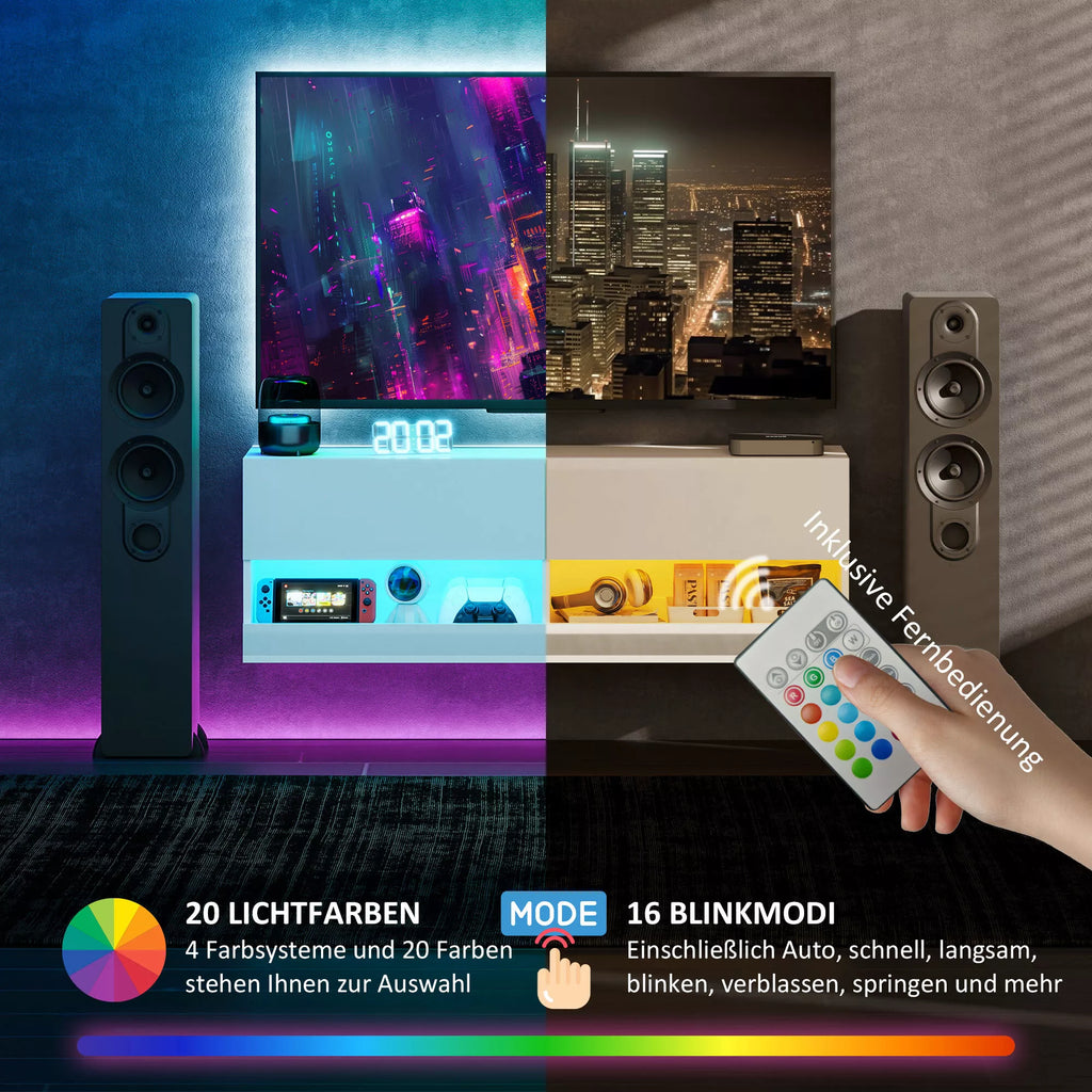 Sieninė TV spintelė su LED apšvietimu, 16 mirksėjimo režimų, atviros lentynos, 120 x 35 x 40,5 cm, balta