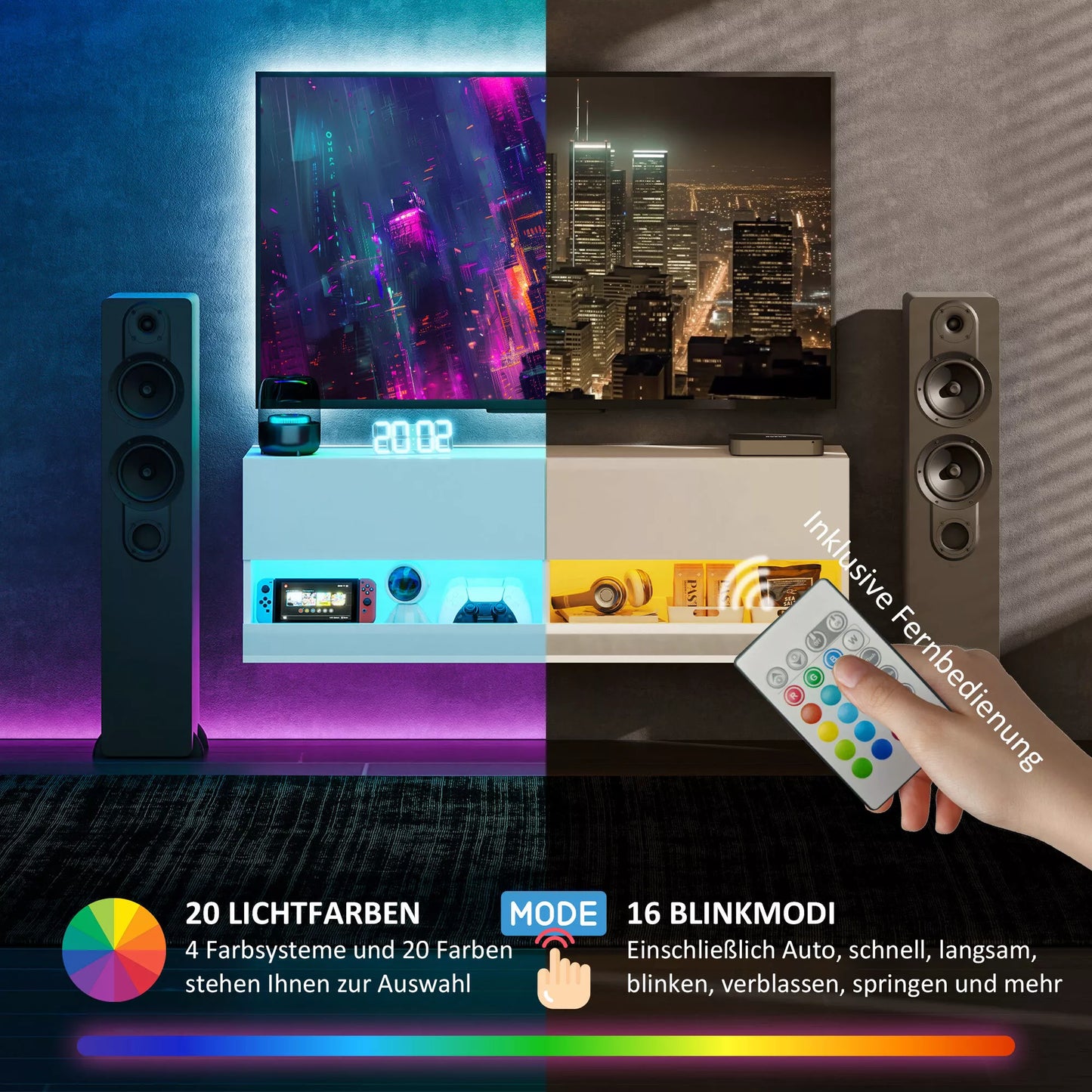 Sieninė TV spintelė su LED apšvietimu, 16 mirksėjimo režimų, atviros lentynos, 120 x 35 x 40,5 cm, balta