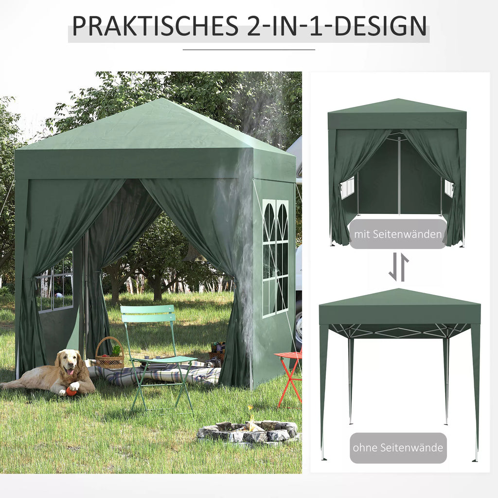 Sulankstomas paviljonas, alaus palapinė, 4 nuimamos šoninės sienos, 2 langai, metalinis rėmas, 2 x 2 m, tamsiai žalia