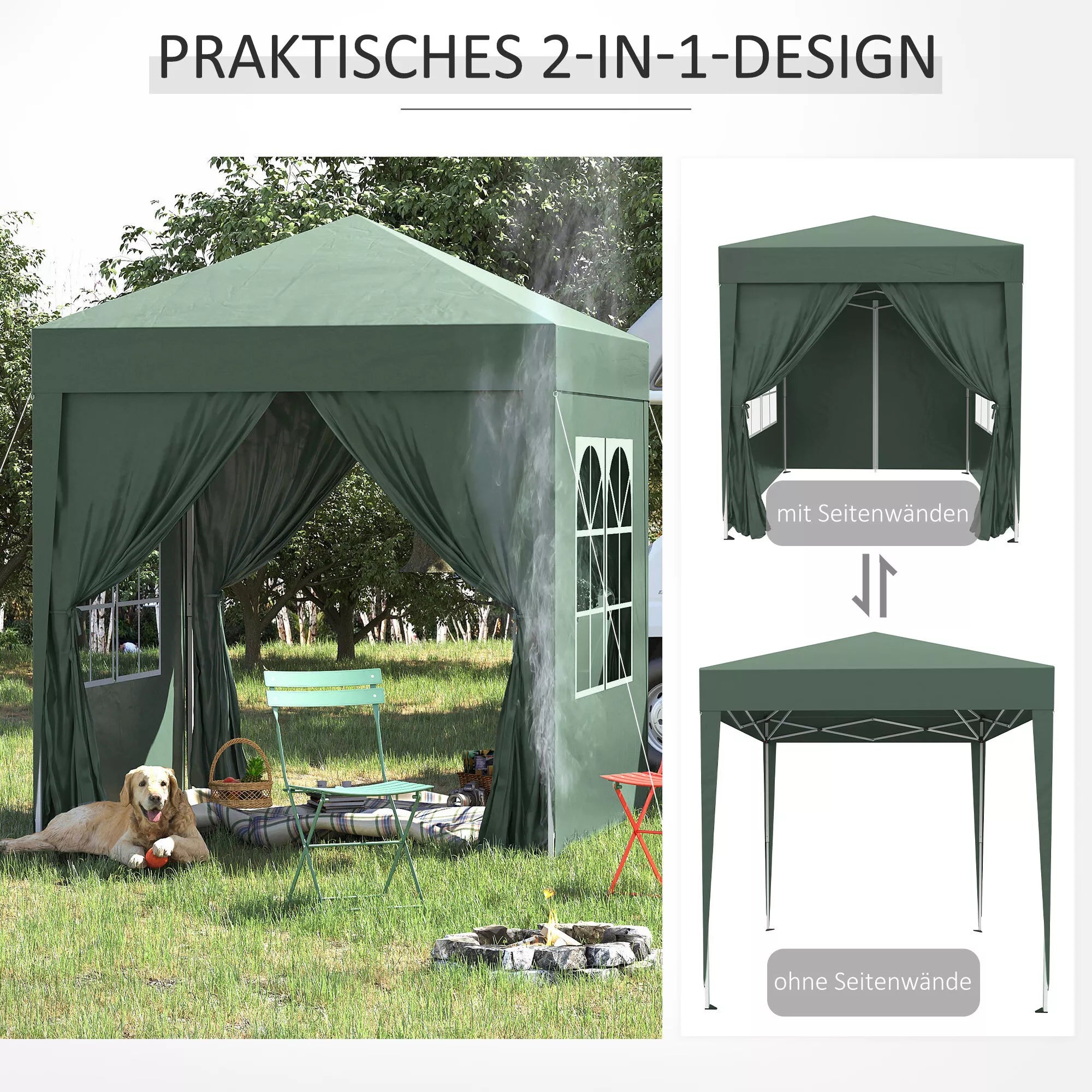 Sulankstomas paviljonas, alaus palapinė, 4 nuimamos šoninės sienos, 2 langai, metalinis rėmas, 2 x 2 m, tamsiai žalia