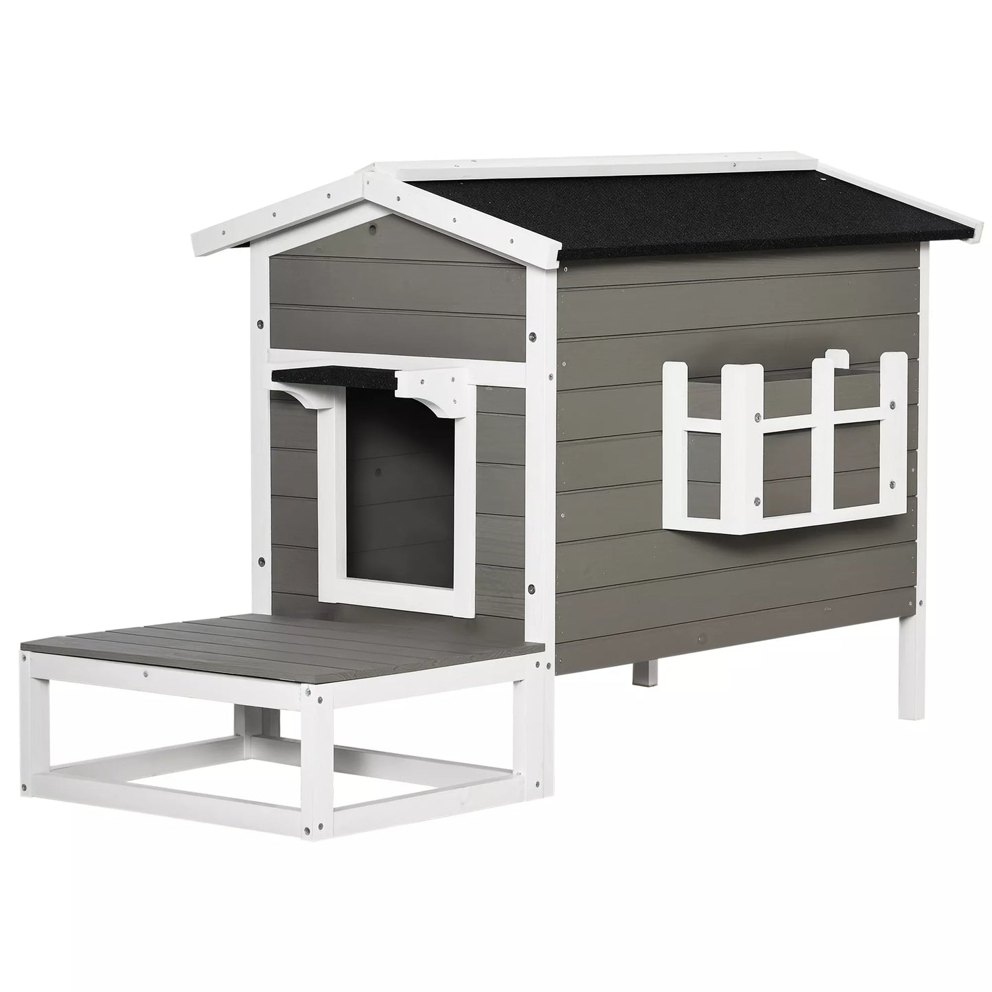 Medinis kačių namelis, atsparus žiemai, vandeniui, su asfaltiniu stogu, terasa, kačių urvas, kačių dėžė, lauko prieglobstis, sodas, balkonas, 115 x 66,5 x 74,7 cm, pilkos ir baltos spalvos.