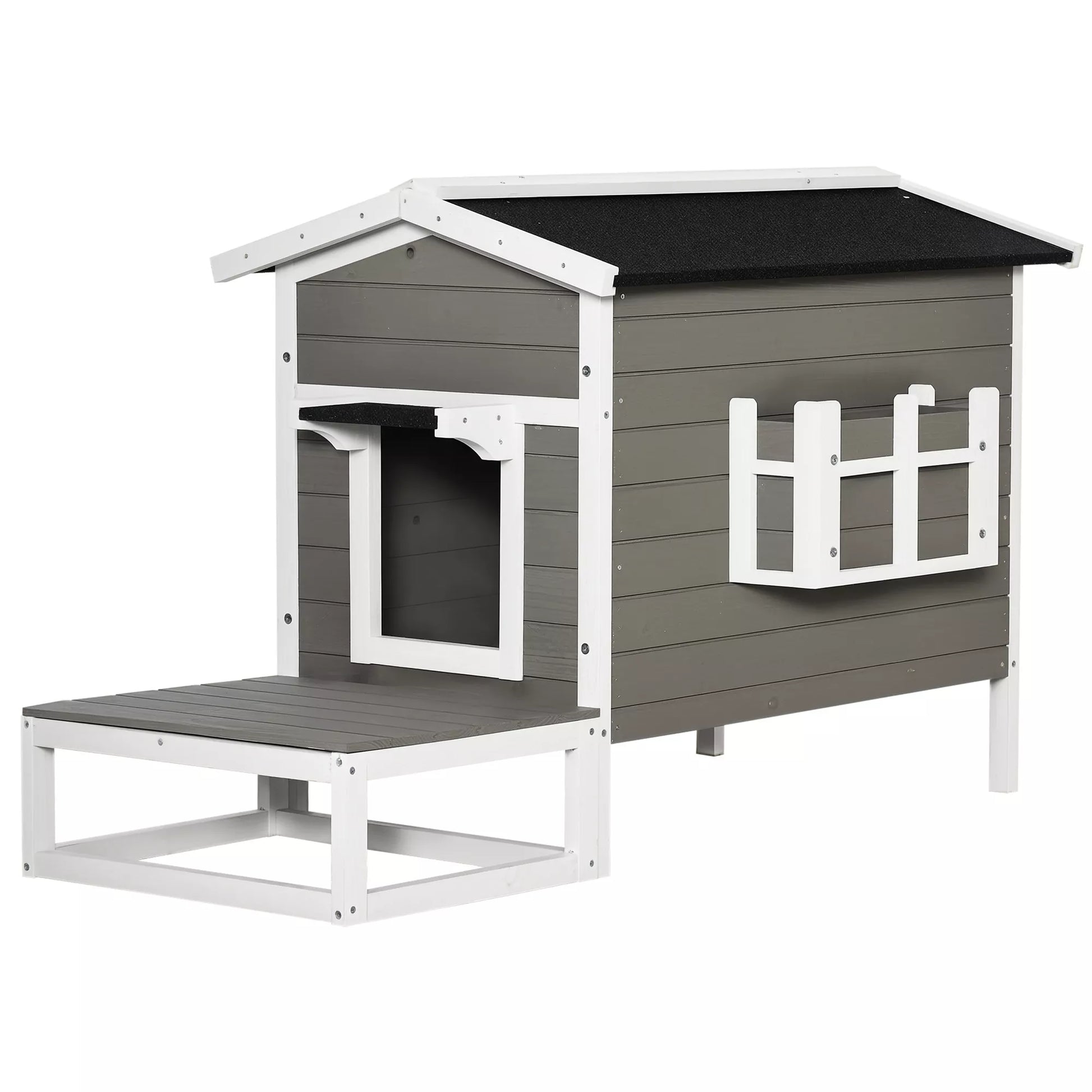 Medinis kačių namelis, atsparus žiemai, vandeniui, su asfaltiniu stogu, terasa, kačių urvas, kačių dėžė, lauko prieglobstis, sodas, balkonas, 115 x 66,5 x 74,7 cm, pilkos ir baltos spalvos.