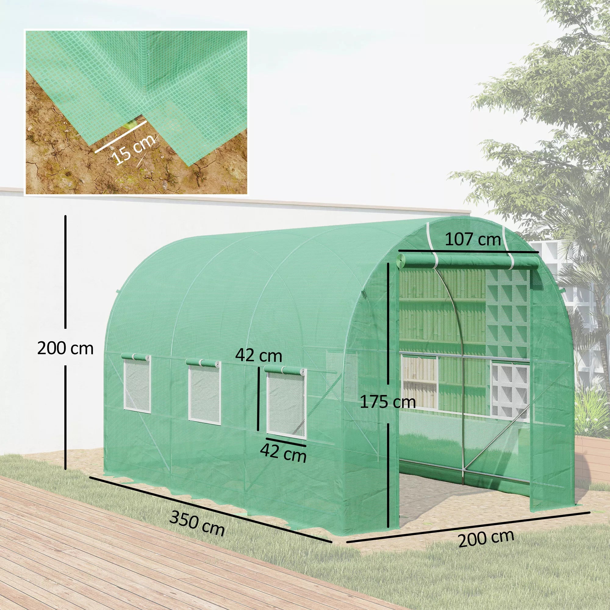 Šiltnamis 350x200x200 cm Plėvelinis šiltnamis Pomidorų šiltnamis su durimis, 6 langais, plėvelinis tunelis iš cinkuoto plieno, PE, tvirtas šiltnamis Augalų tunelis, įskaitant žemės inkaro ir virves, žalias