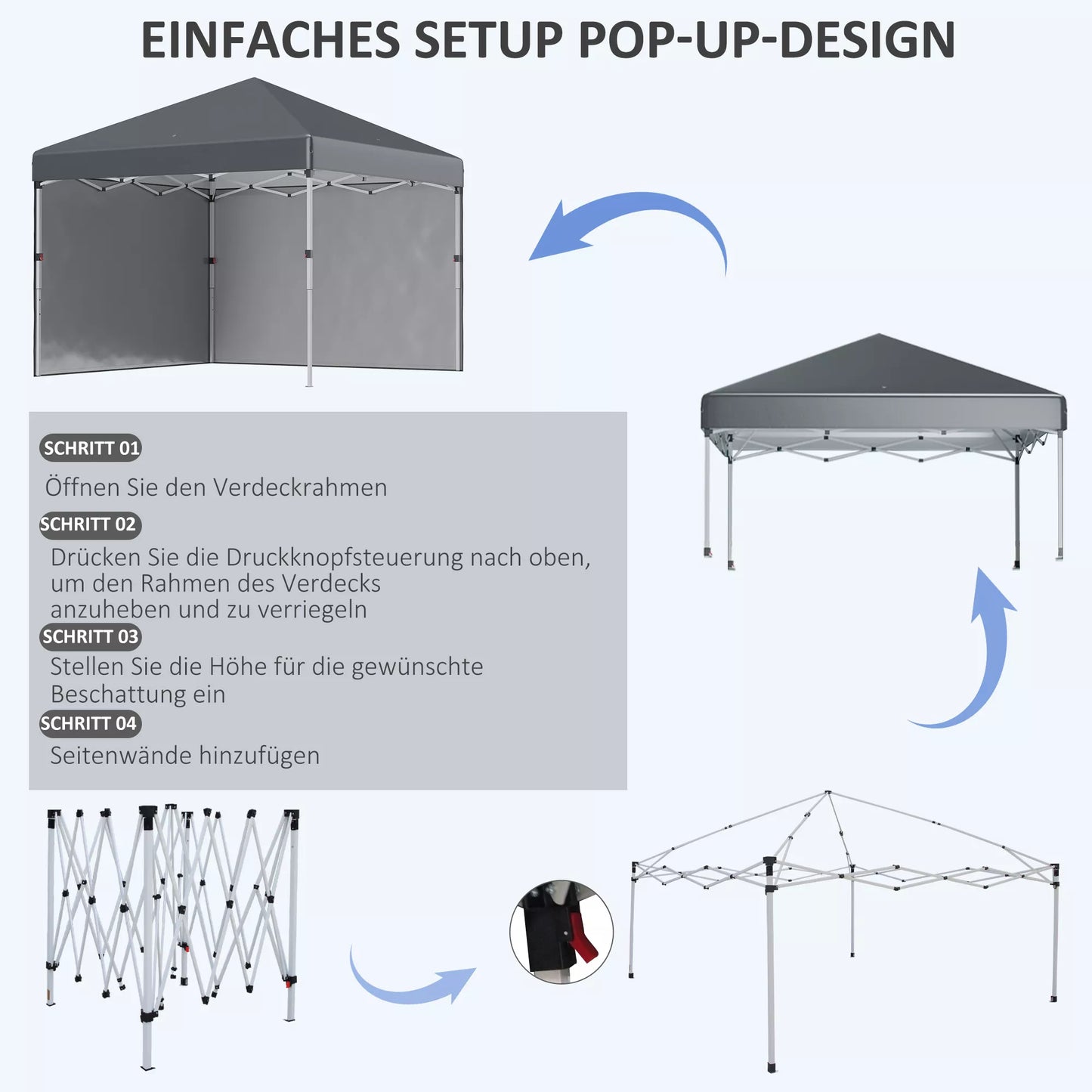 Sodo palapinė, 2 šoninės sienelės, reguliuojamo aukščio, su transportavimo krepšiu, nerūdijančio plieno rėmas, 3x3 m, tamsiai pilka