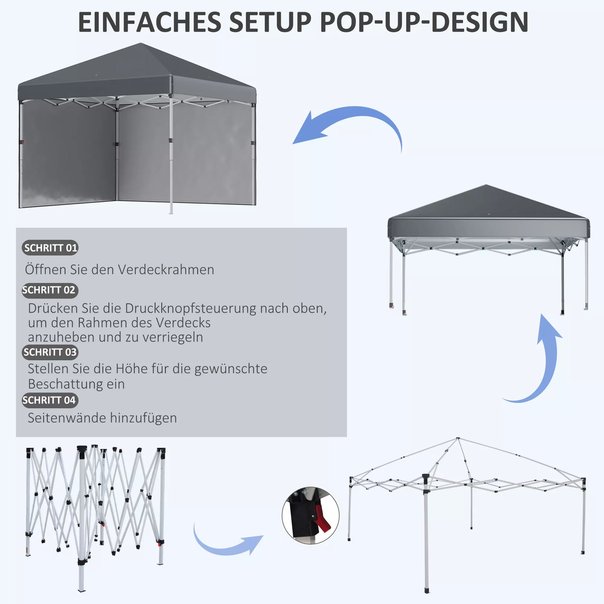 Sodo palapinė, 2 šoninės sienelės, reguliuojamo aukščio, su transportavimo krepšiu, nerūdijančio plieno rėmas, 3x3 m, tamsiai pilka