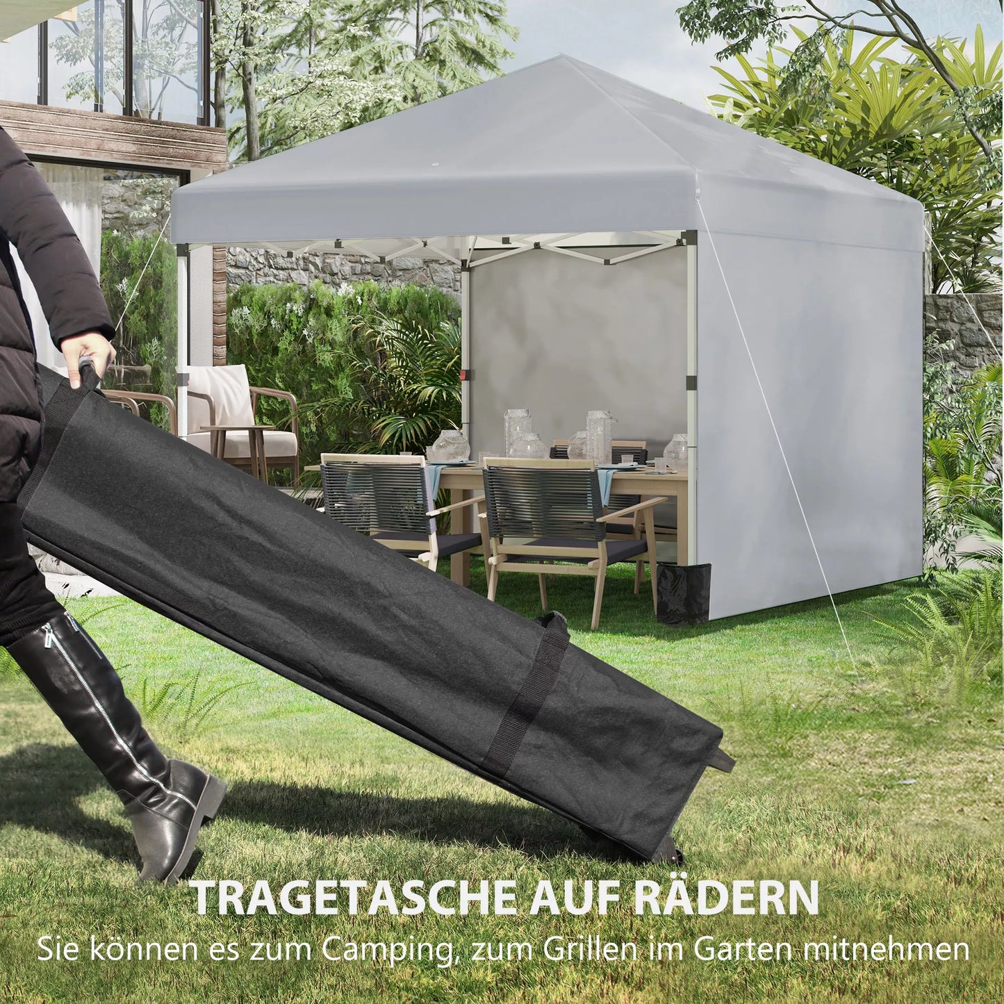 Sulankstomas paviljonas, dvi šoninės sienos, nešimo krepšys, plieninis rėmas, šviesiai pilkos spalvos, 3 x 3 x 2,7 m