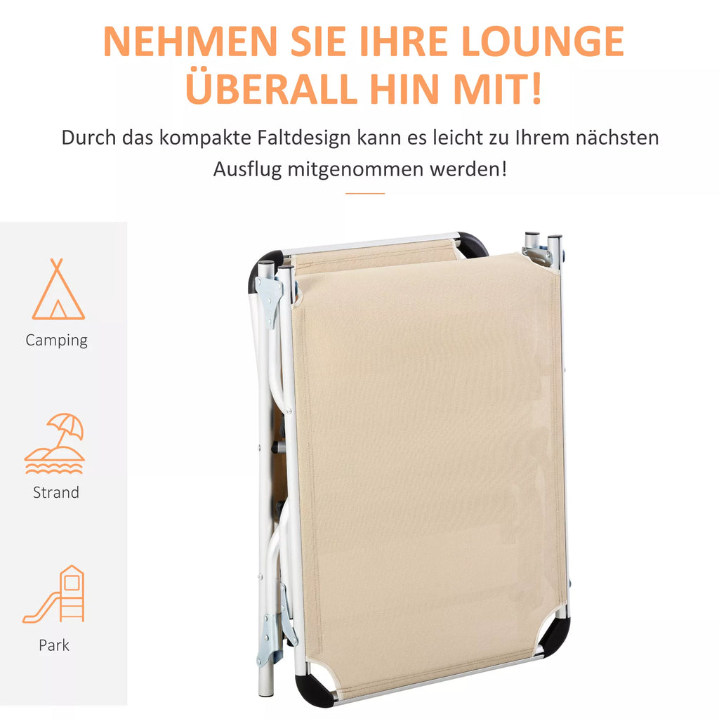 Sulankstomas gultas su pagalve, ergonomiškas gultas su 4 pakopų reguliuojamu atlošu, aliuminis, atlaiko iki 120 kg svorį, skirtas sodui, terasai, baseinui, paplūdimiui, smėlio spalvos.