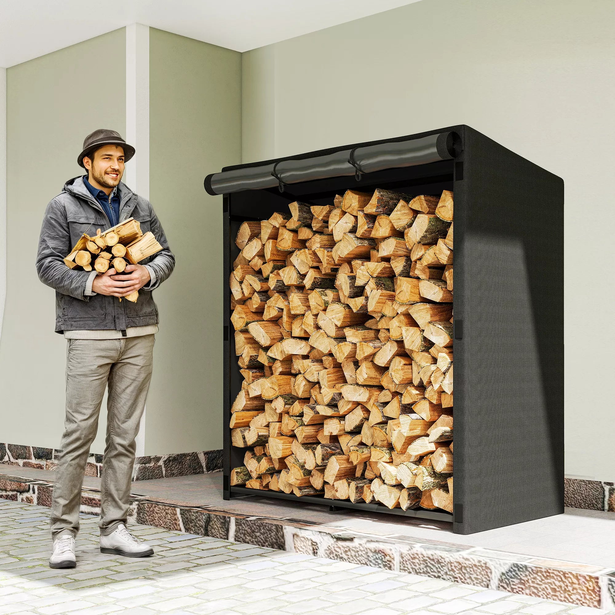 Malkinė, stovas malkoms iš plieno, su medžiaginiu uždangalu, 300 kg apkrova, 140 x 70 x 154 cm, juoda